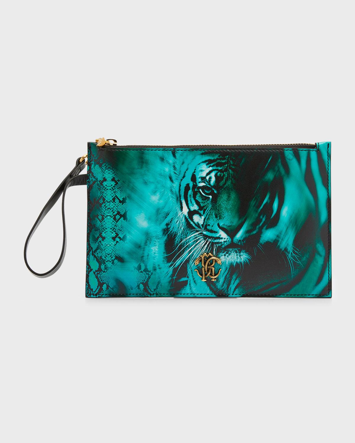 Roberto Cavalli Tiger And Snakeskin print Zip Pouch Clutch Bag in