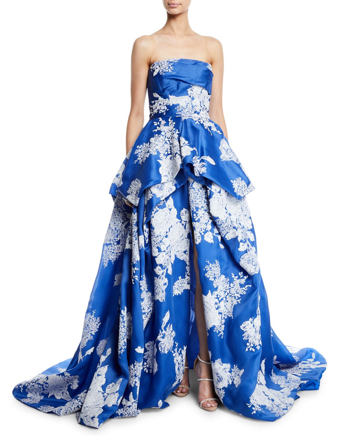 blue and white floral gown