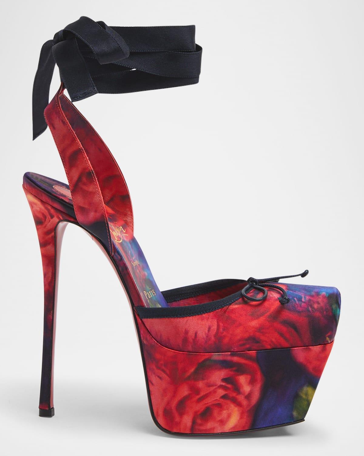 Christian Louboutin Cassia Rose Ankle-Tie Sole Platform Pumps in