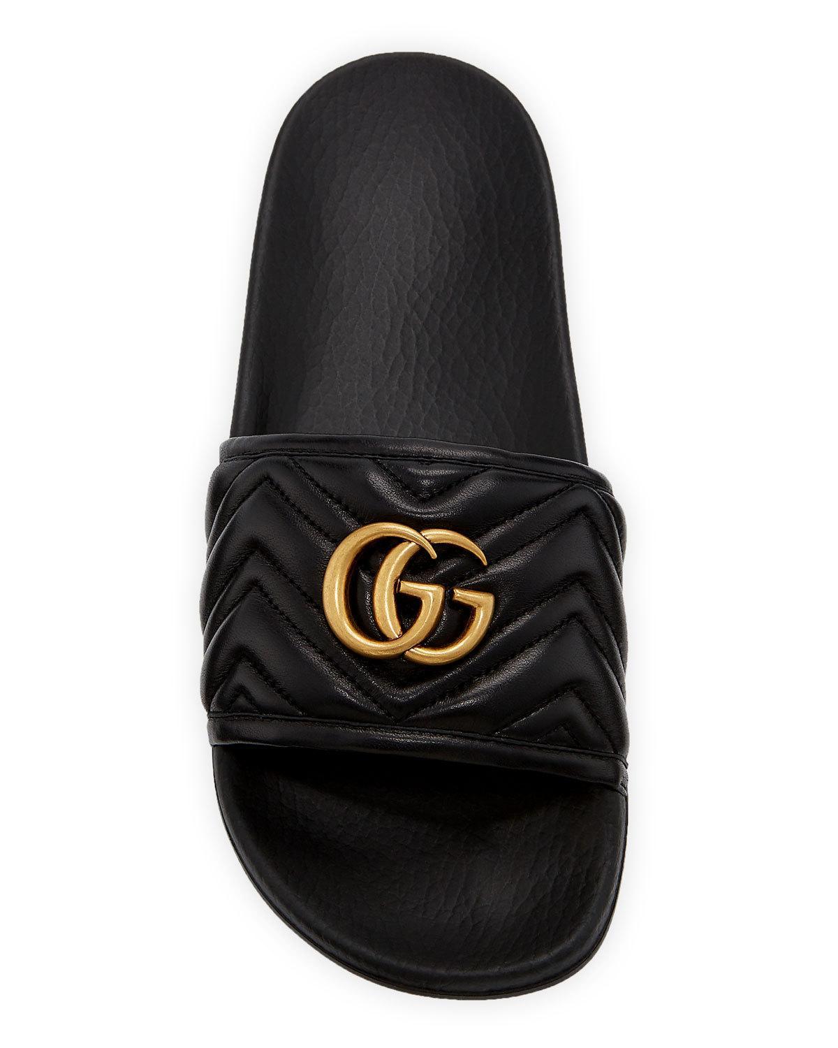 Gucci Pursuit Flat Leather Slide Sandals in Black - Lyst