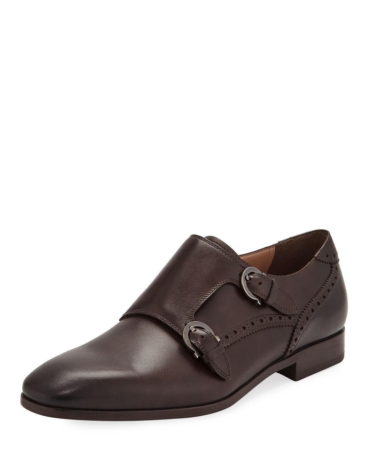 Ferragamo Men's Blair Gancini-buckle Leather Double-monk Shoe in Brown ...