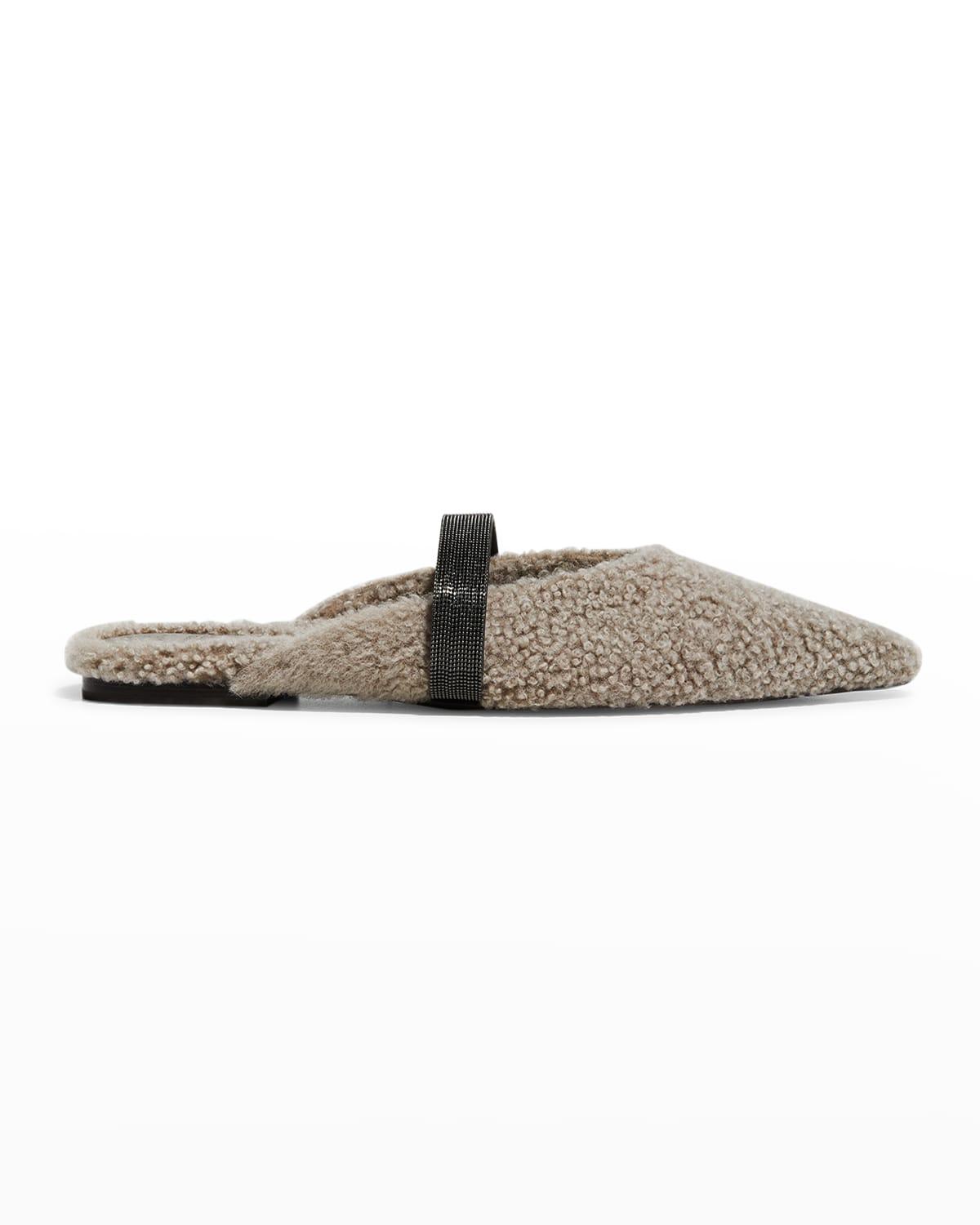 Brunello Cucinelli Shearling Monili Band Flat Mules in Gray | Lyst