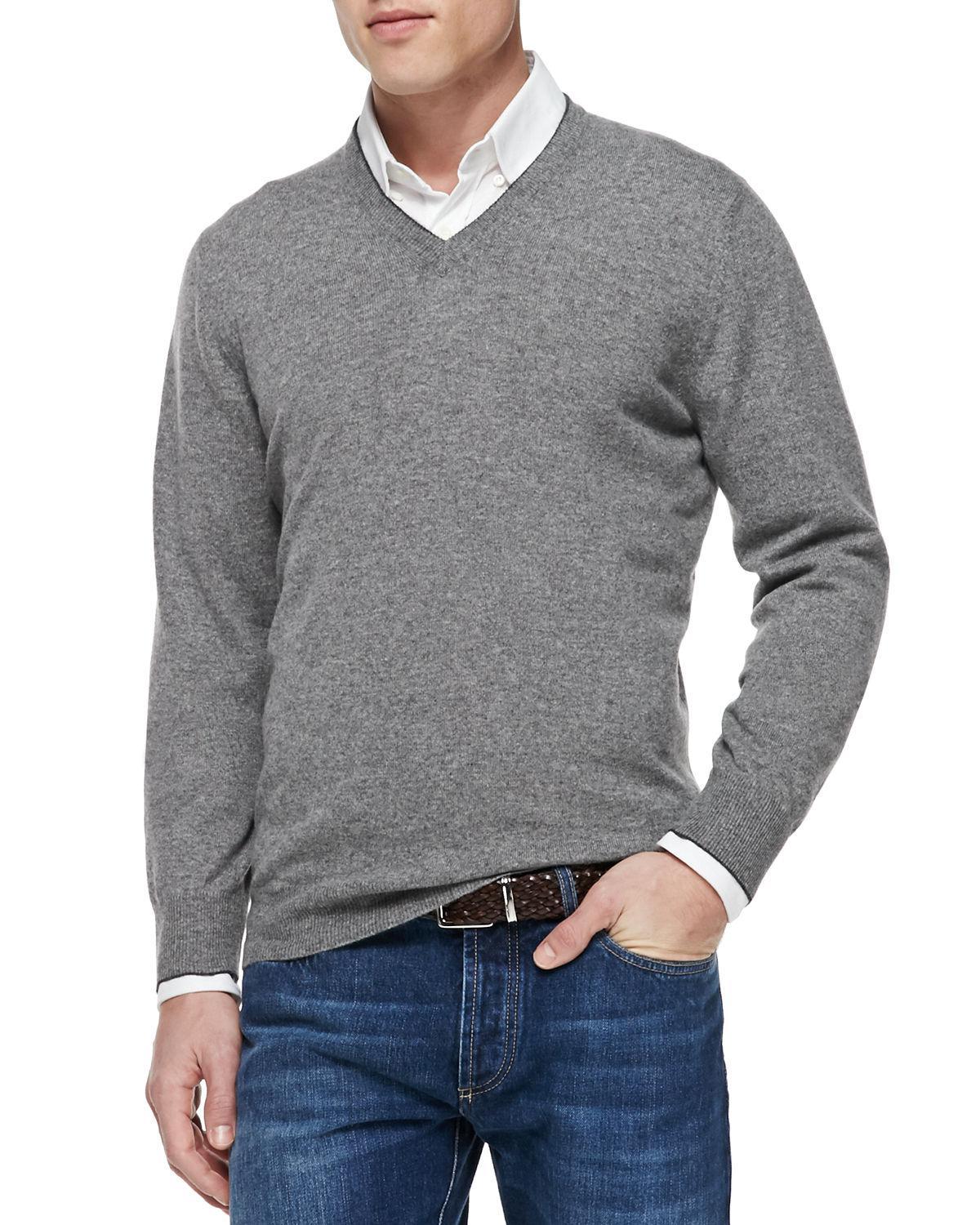 Lyst - Brunello Cucinelli Cashmere V-neck Pullover Sweater in Gray for ...