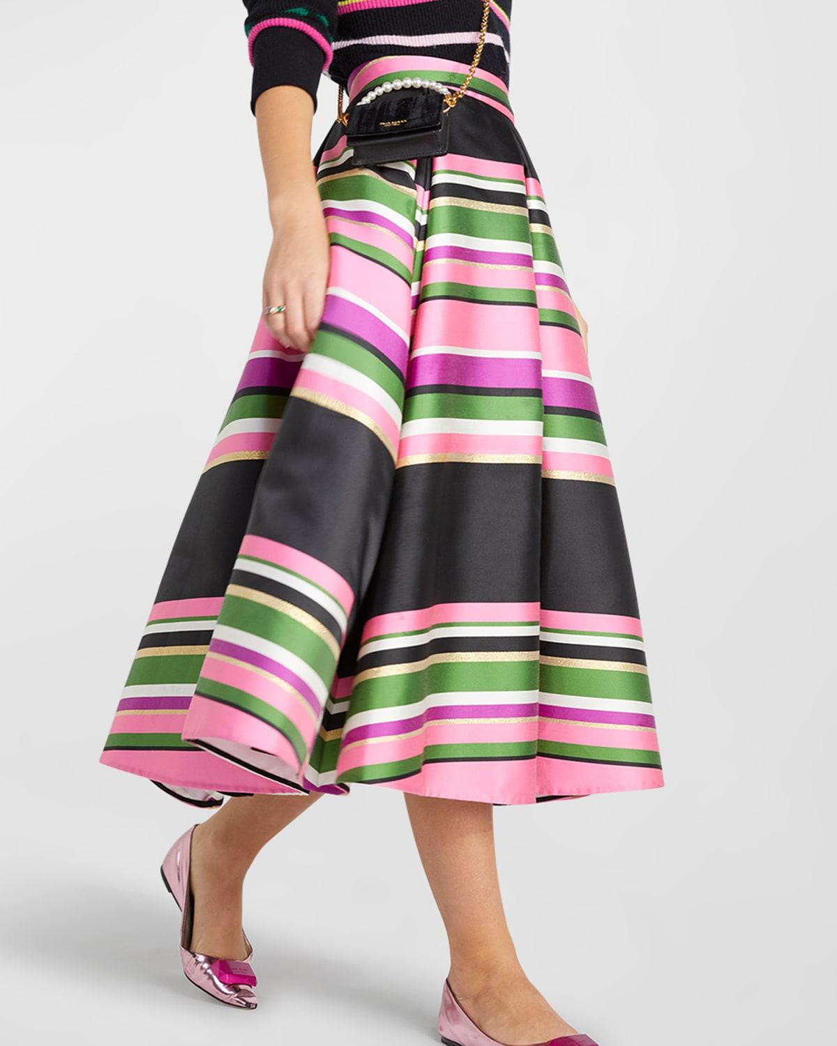 Kate Spade Pleated Multi Stripe A-line Midi Skirt in Black | Lyst