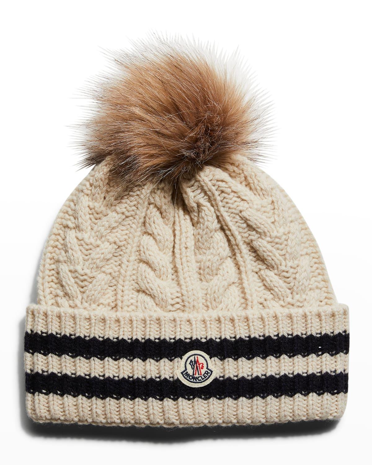 Moncler Cable Knit Beanie With Pom in Natural | Lyst