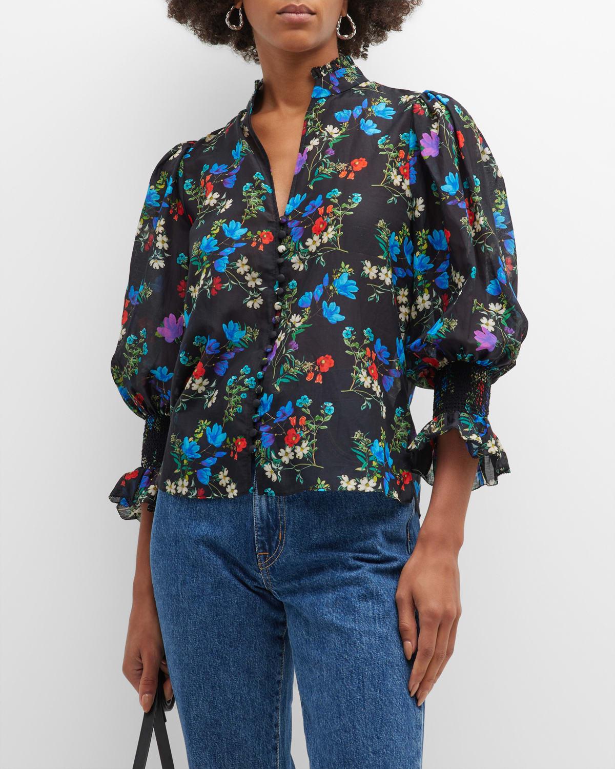 Alice + Olivia Ilan Smocked-sleeve Button-front Blouse in Blue | Lyst