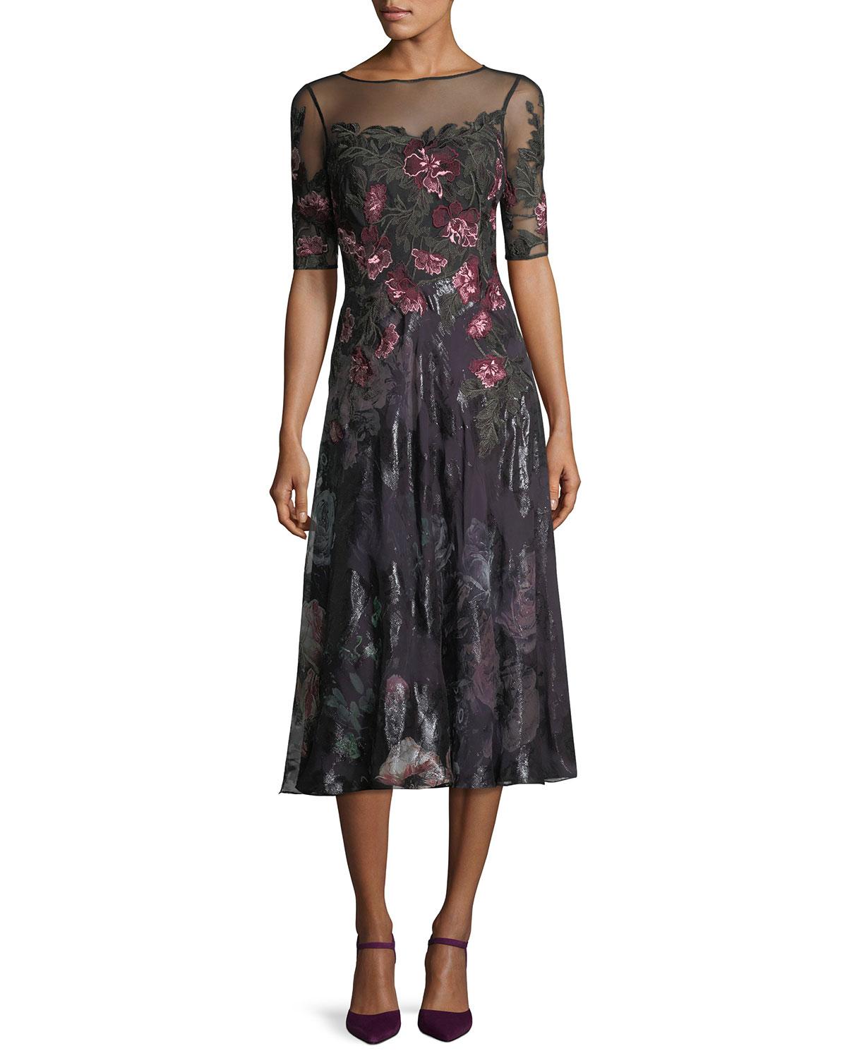 Teri Jon Floralembroidered 1/2sleeve Tulle Cocktail Dress in Black