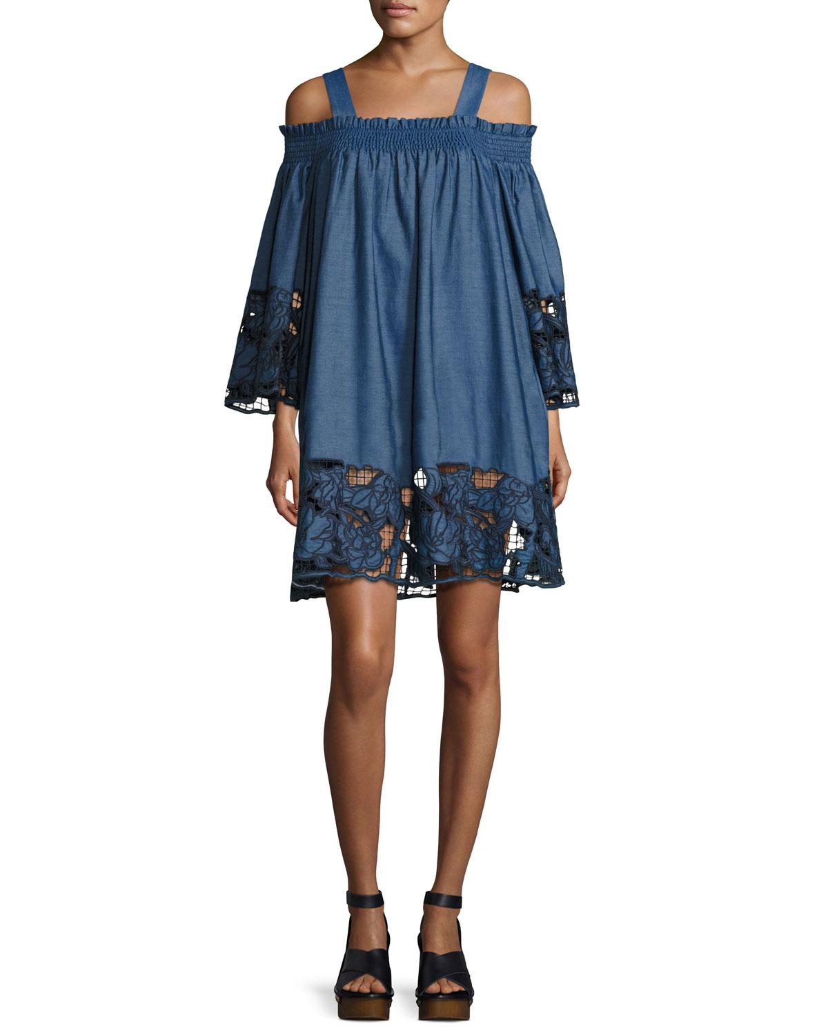 Lyst Kendall Kylie Embroidered Off The Shoulder Chambray Dress Gallery