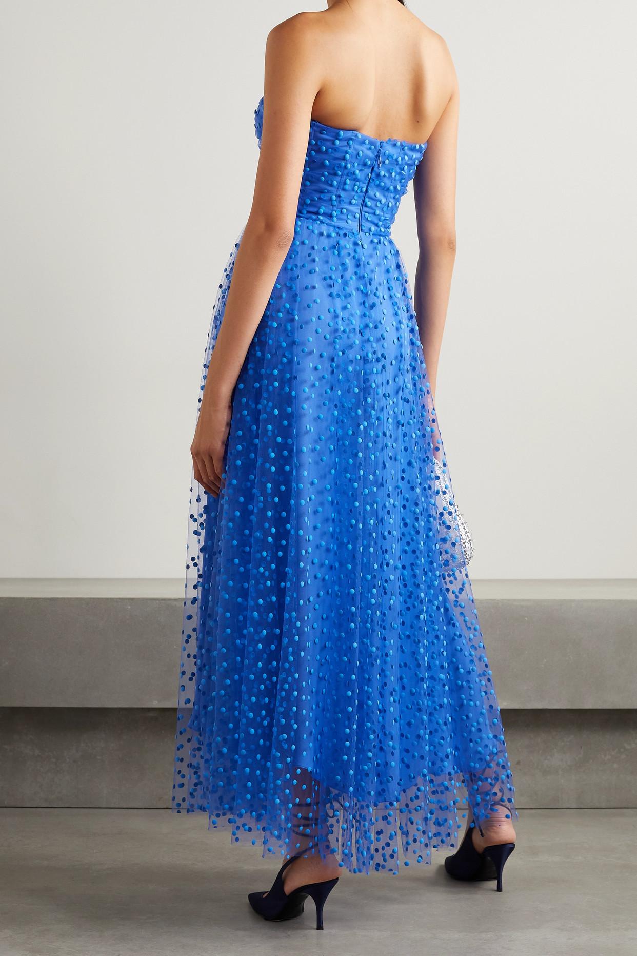 Monique Lhuillier Strapless Polka-dot Tulle Midi Dress in Blue | Lyst