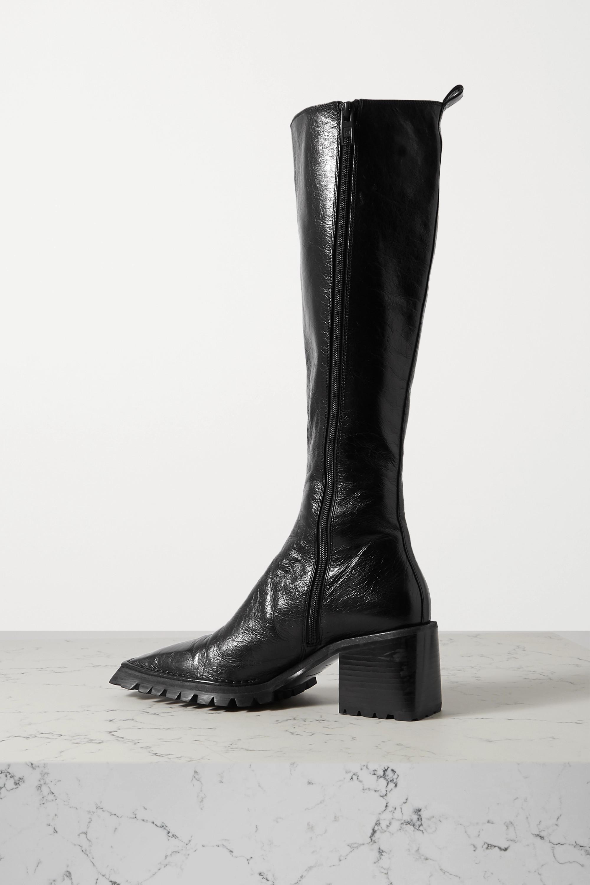 Glossed Textured-leather Knee Boots 