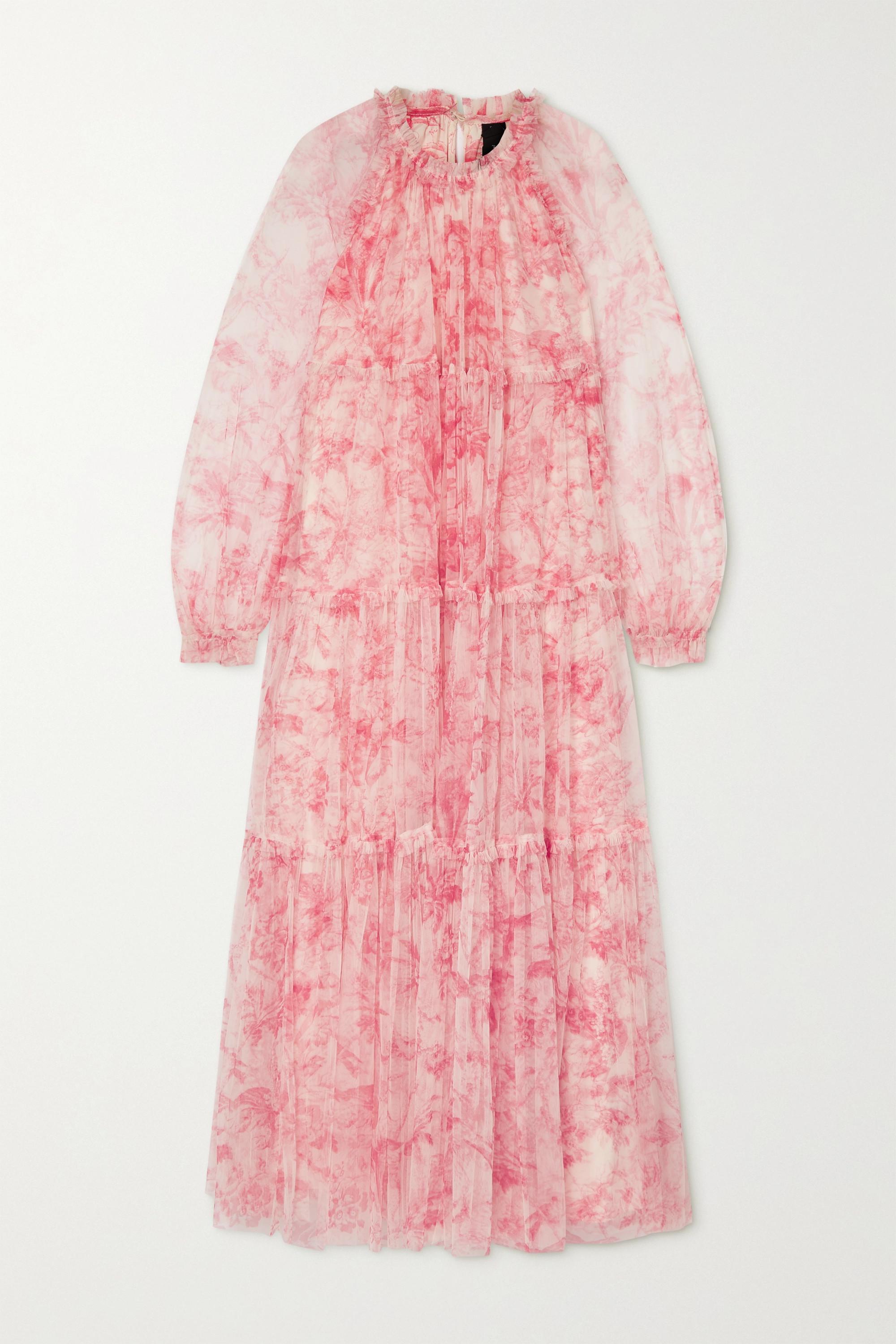 Needle Thread Toile De Jouy Tiered Ruffled Floral Print Tulle Maxi Dress In Pink Lyst