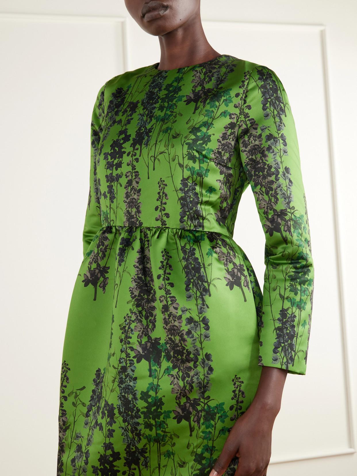 BERNADETTE Lenny Gathered Floral-Print Satin Midi Dress in Green