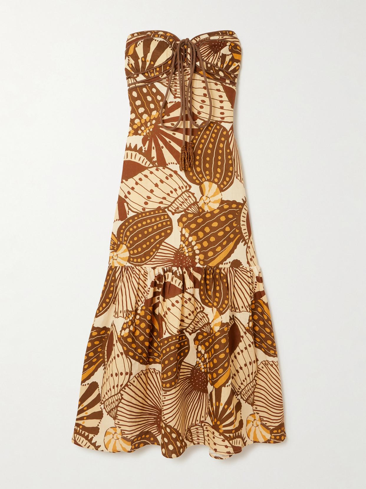 FARM Rio Tasseled Shirred Printed Linen Halterneck Maxi Dress in Natural |  Lyst