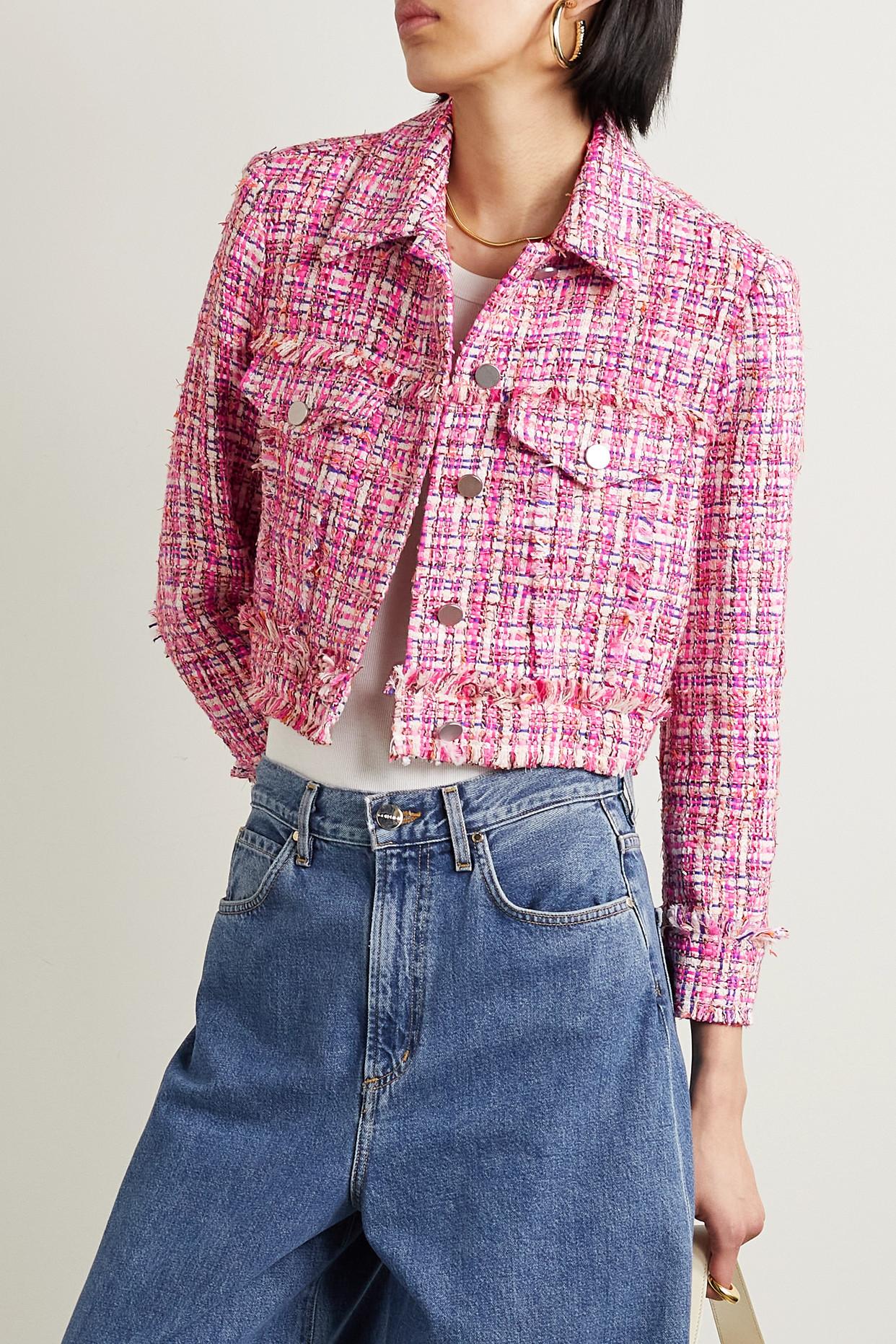Alice + Olivia Chloe Cropped Frayed Bouclé Jacket in Pink | Lyst