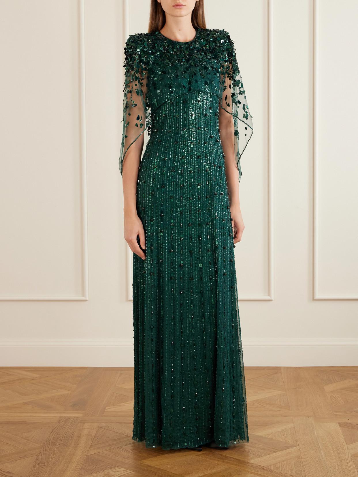 green emerald velvet dress Dazzle Dream Sequin Fringe Evening Gown
