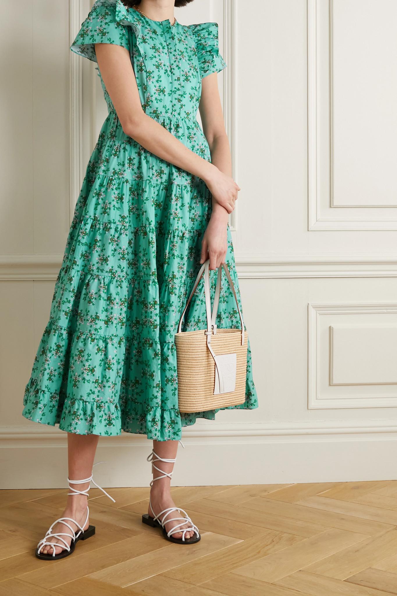Cefinn Sawyer Ruffled Tiered Floral-print Cotton Midi Dress in Green | Lyst