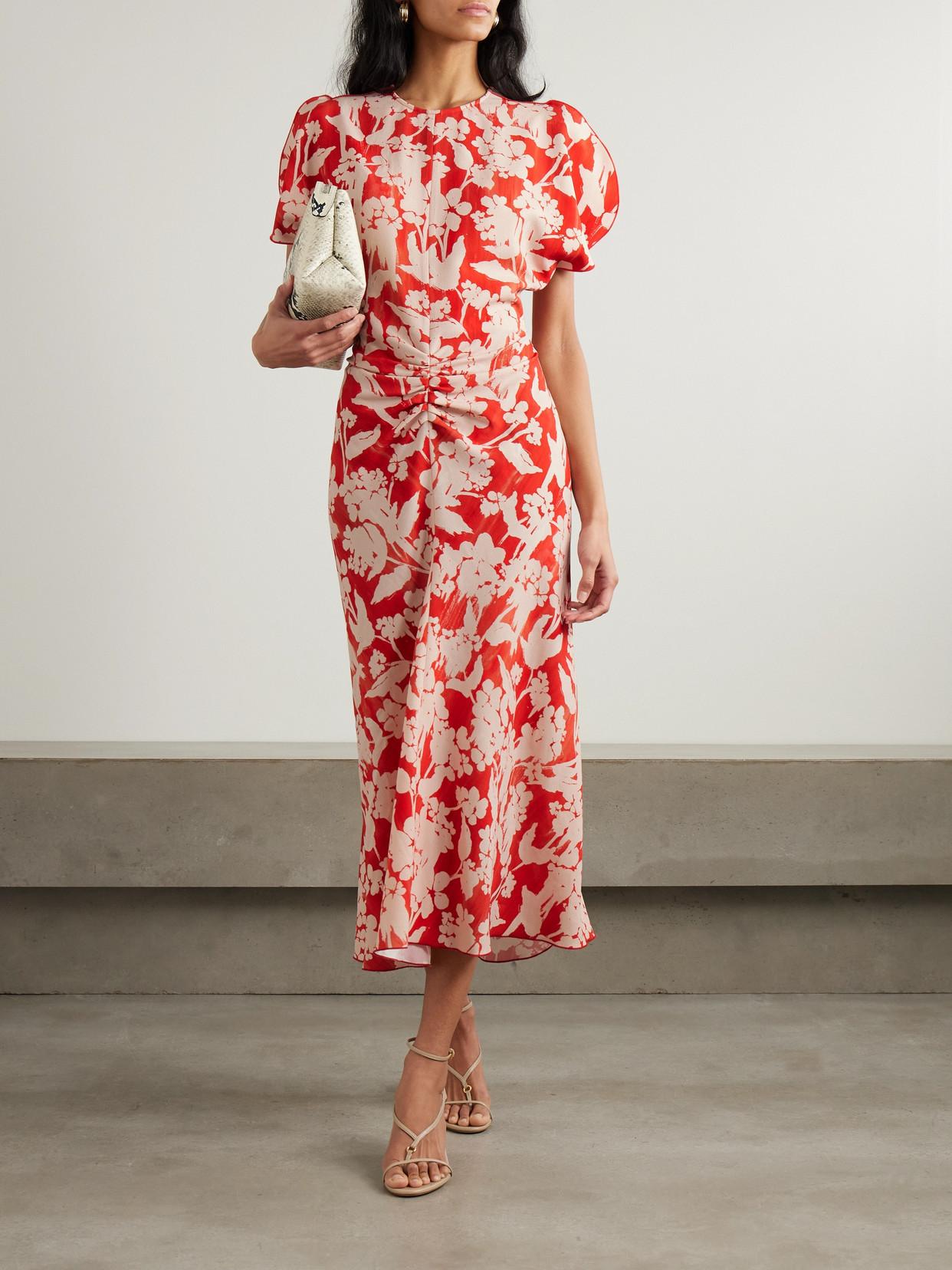 【VICTORIA BECKHAM】Gathered floral-print crepe midi dress VICTORIA BECKHAM Gathered floral-print crepe midi dress