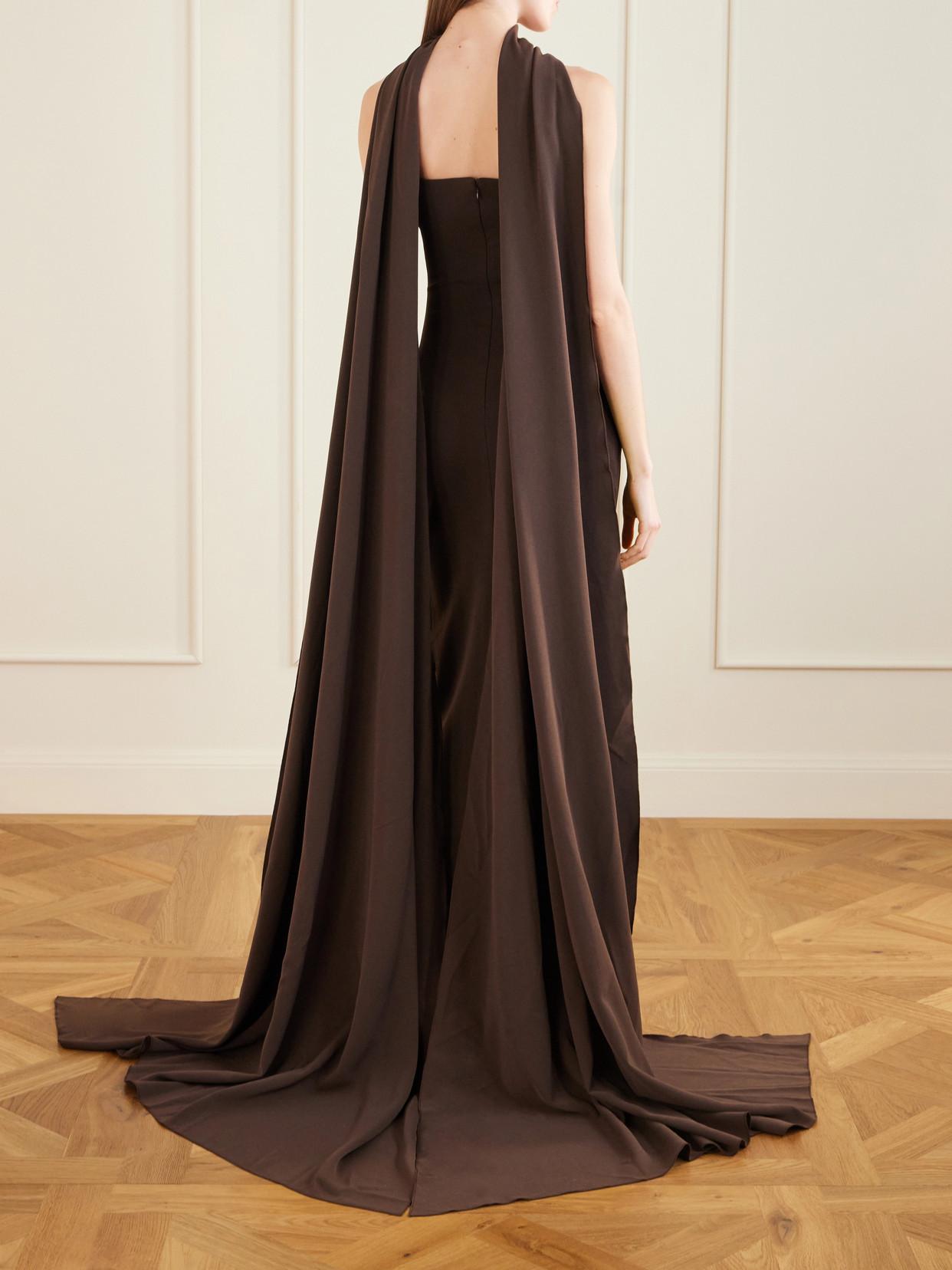 solace london brown dress Martine scarf-detailed crepe midi dress - brown