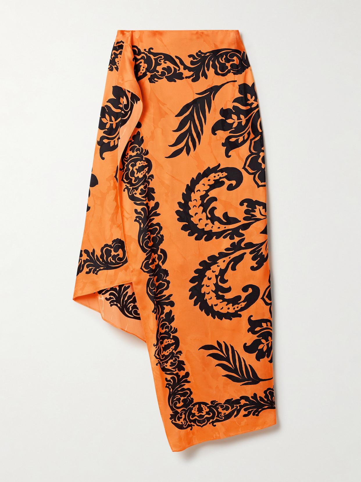 Etro Asymmetric Printed Satin-Jacquard Midi Skirt in Orange
