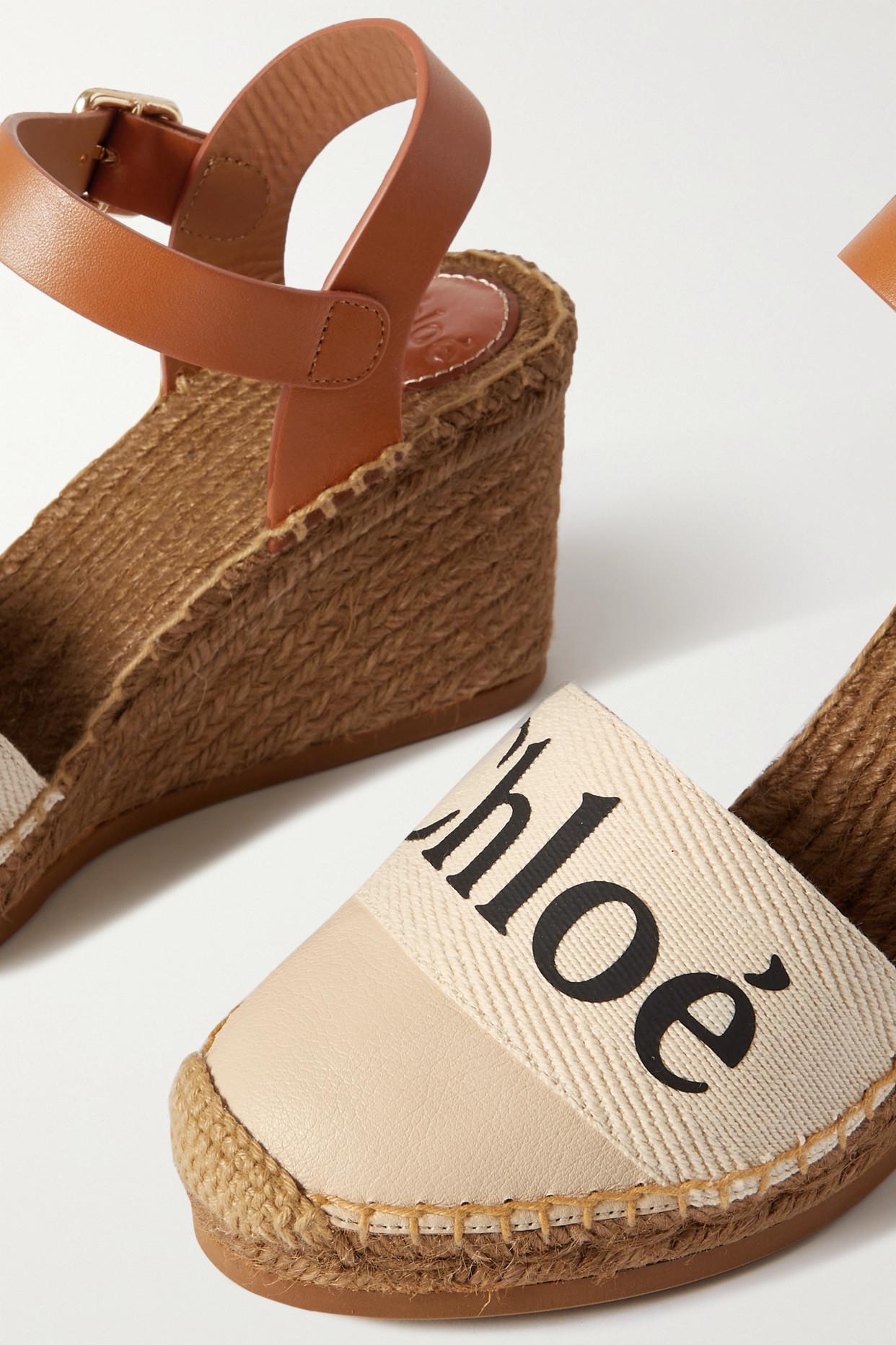 Chloé Woody Leather And Logo-print Canvas Espadrille Wedges in White | Lyst