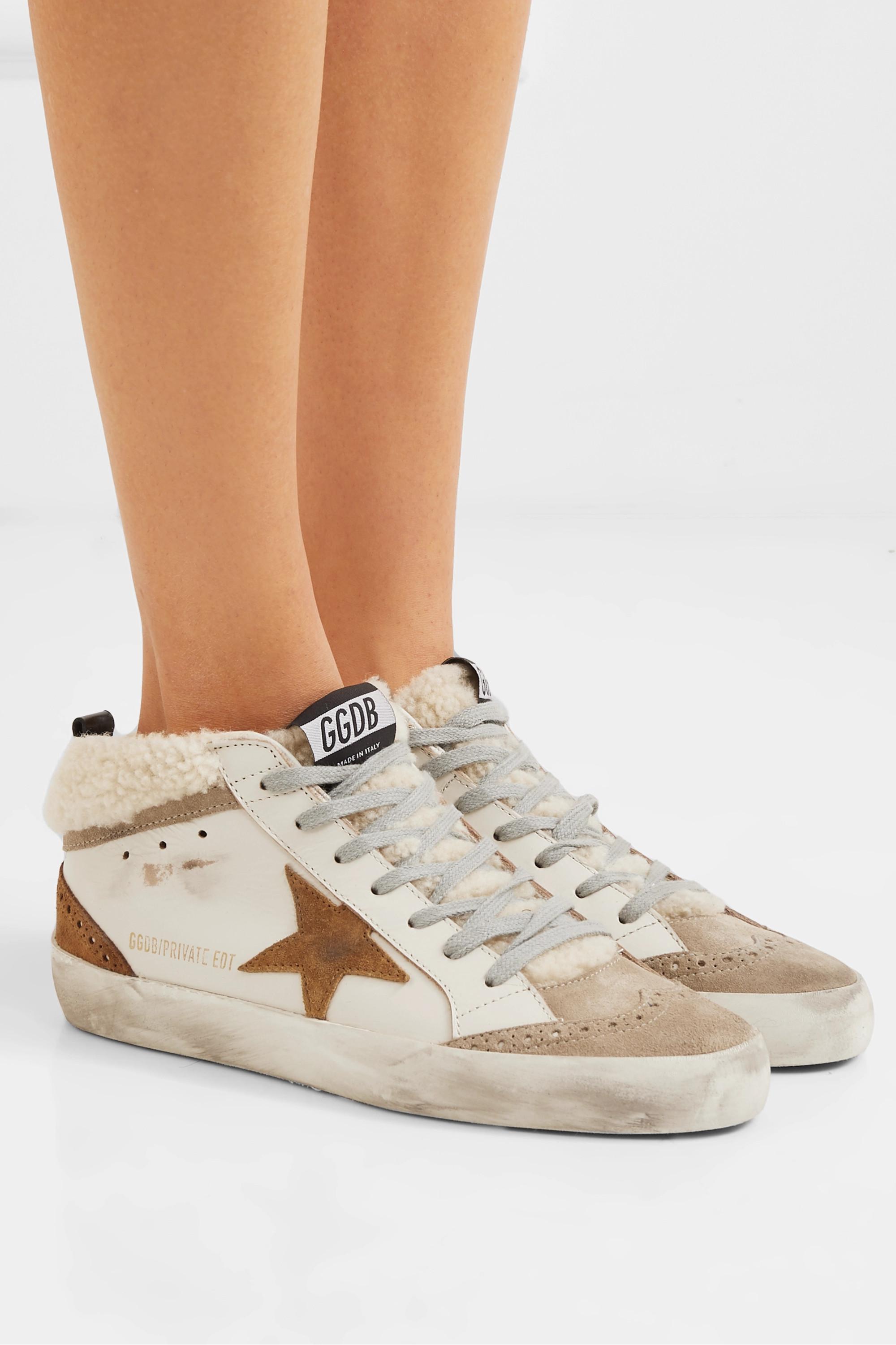 Golden Goose Mid Star Distressed Leather, Suede And Shearling Sneakers in  Natural | Lyst