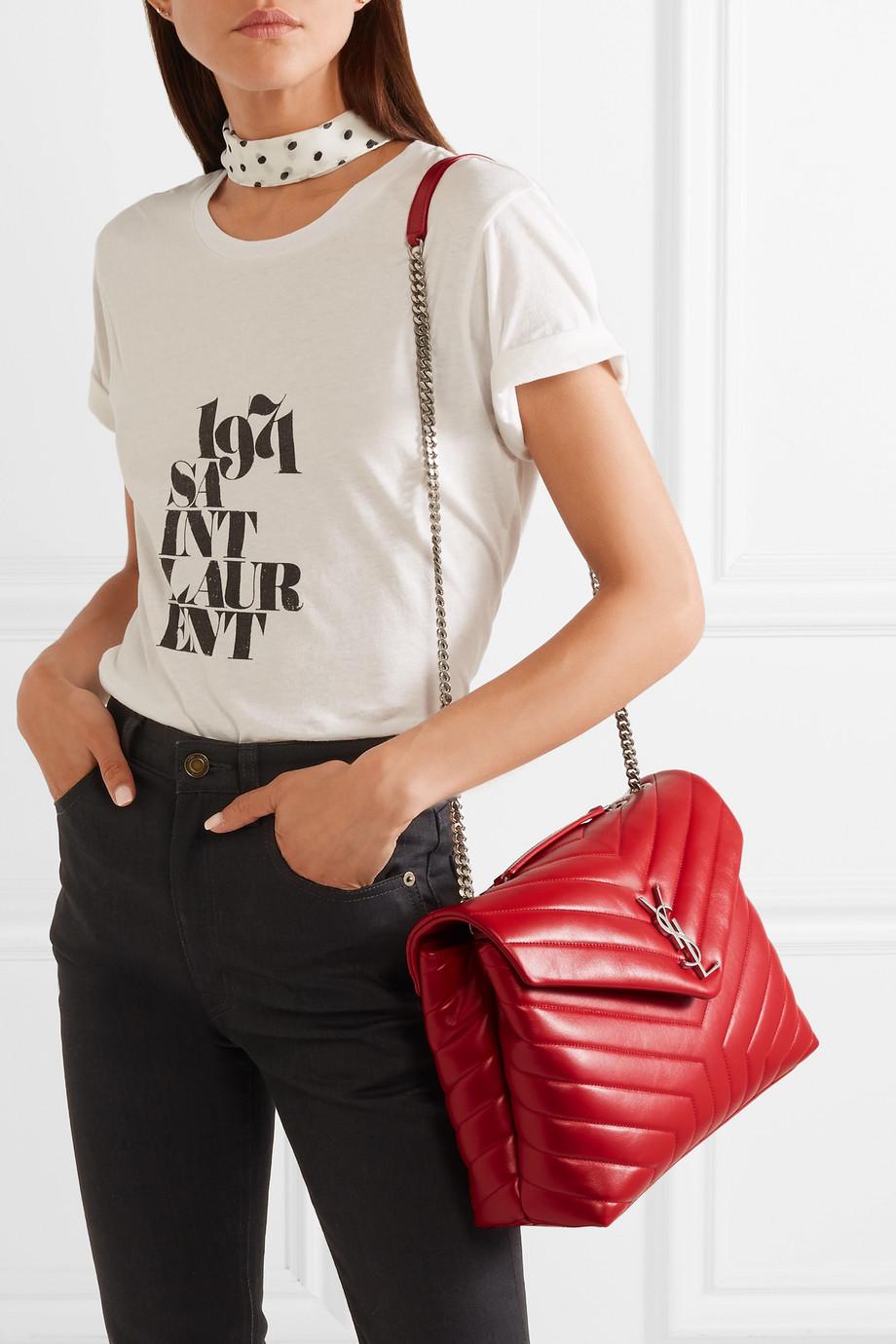 Saint Laurent Medium Loulou Monogram Chain Bag In Lipstick Red y  Matelassé Leather