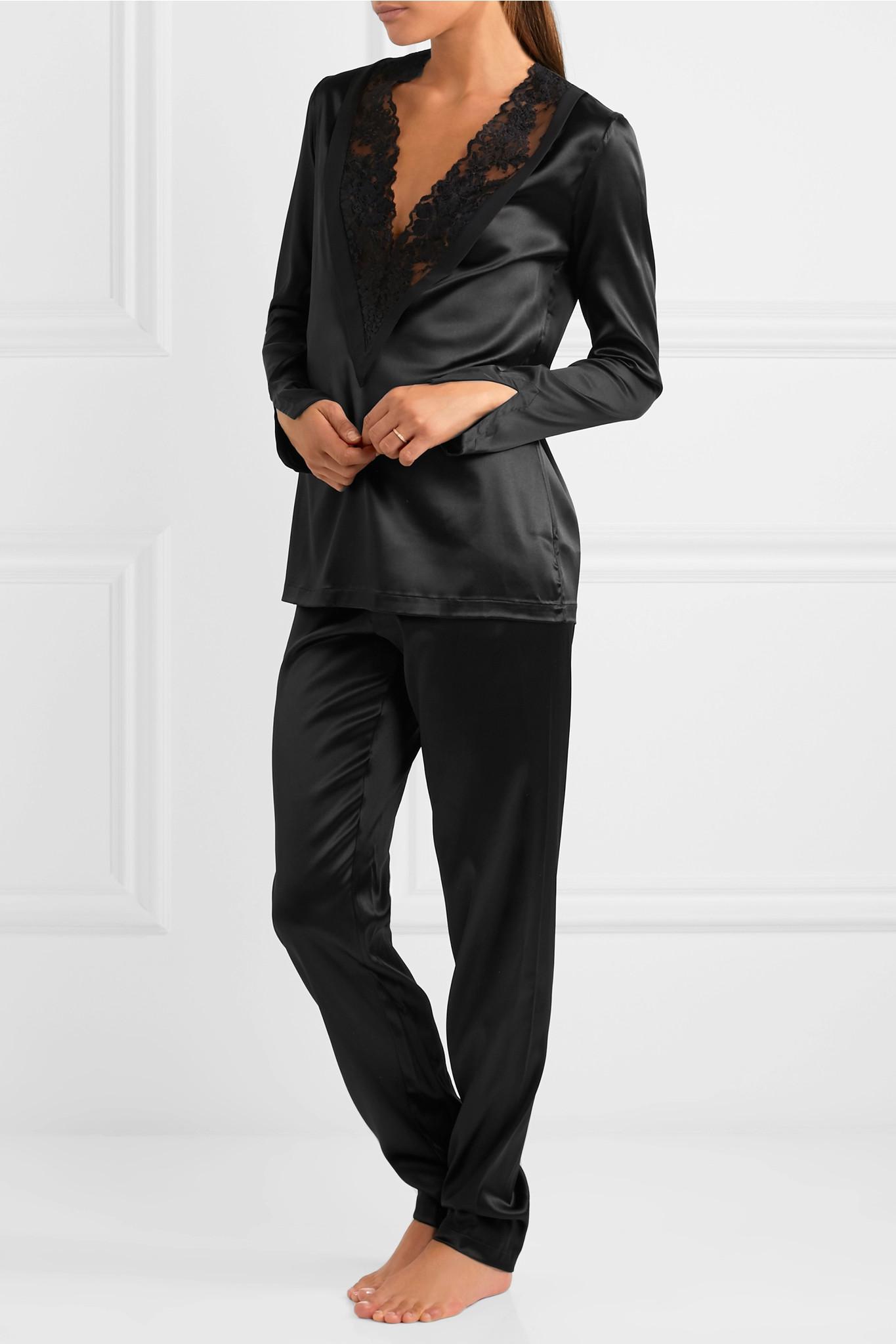 La Perla Azalea Leavers Lace-trimmed Stretch-silk Pajama Set in Black ...