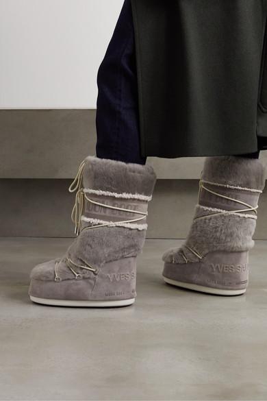 Yves Salomon X Moon Boot Shearling Snow Boots in Grey (Gray) - Lyst