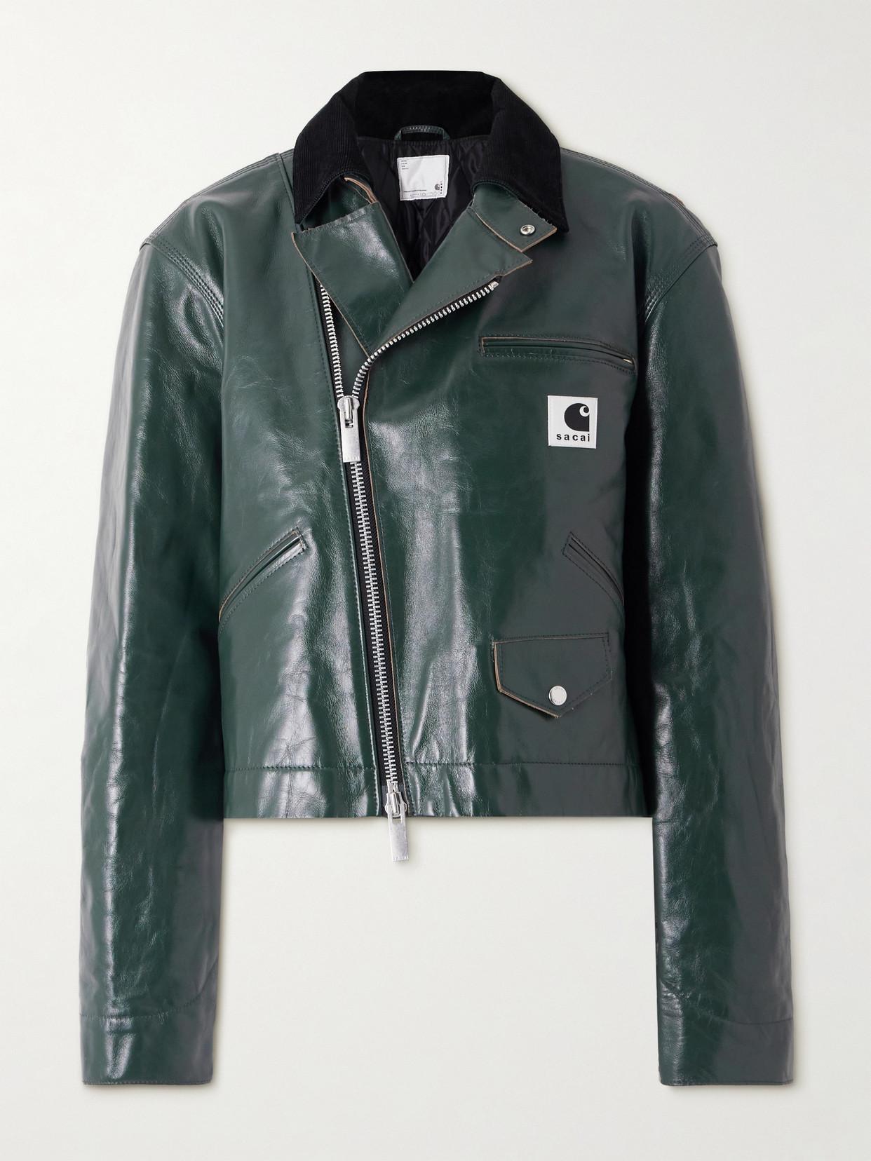 Sacai Carhartt Wip Cotton Corduroy-Trimmed Leather Biker Jacket in