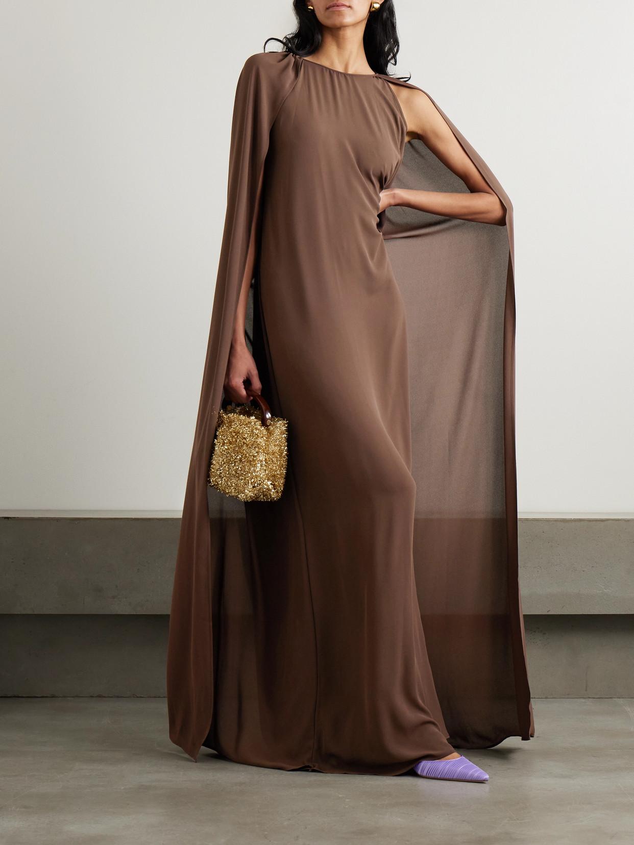 bernadette brown cape dress Bernadette Ruched Waist Cape Dress In Cream Ivory