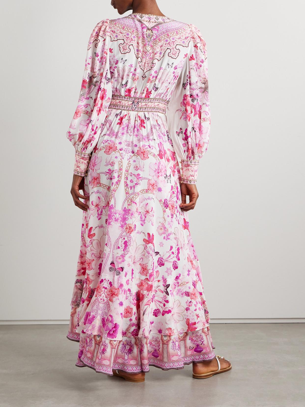 CAMILLA Crystal-Embellished Printed Silk Maxi Dress in Pink