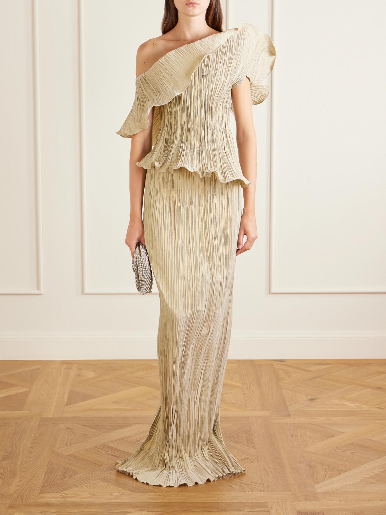designer peplum dresses Strapless Dress With Asymmetric Structured Peplum - Luxury Evening Dress | Rami Al Ali Beige / FR 44