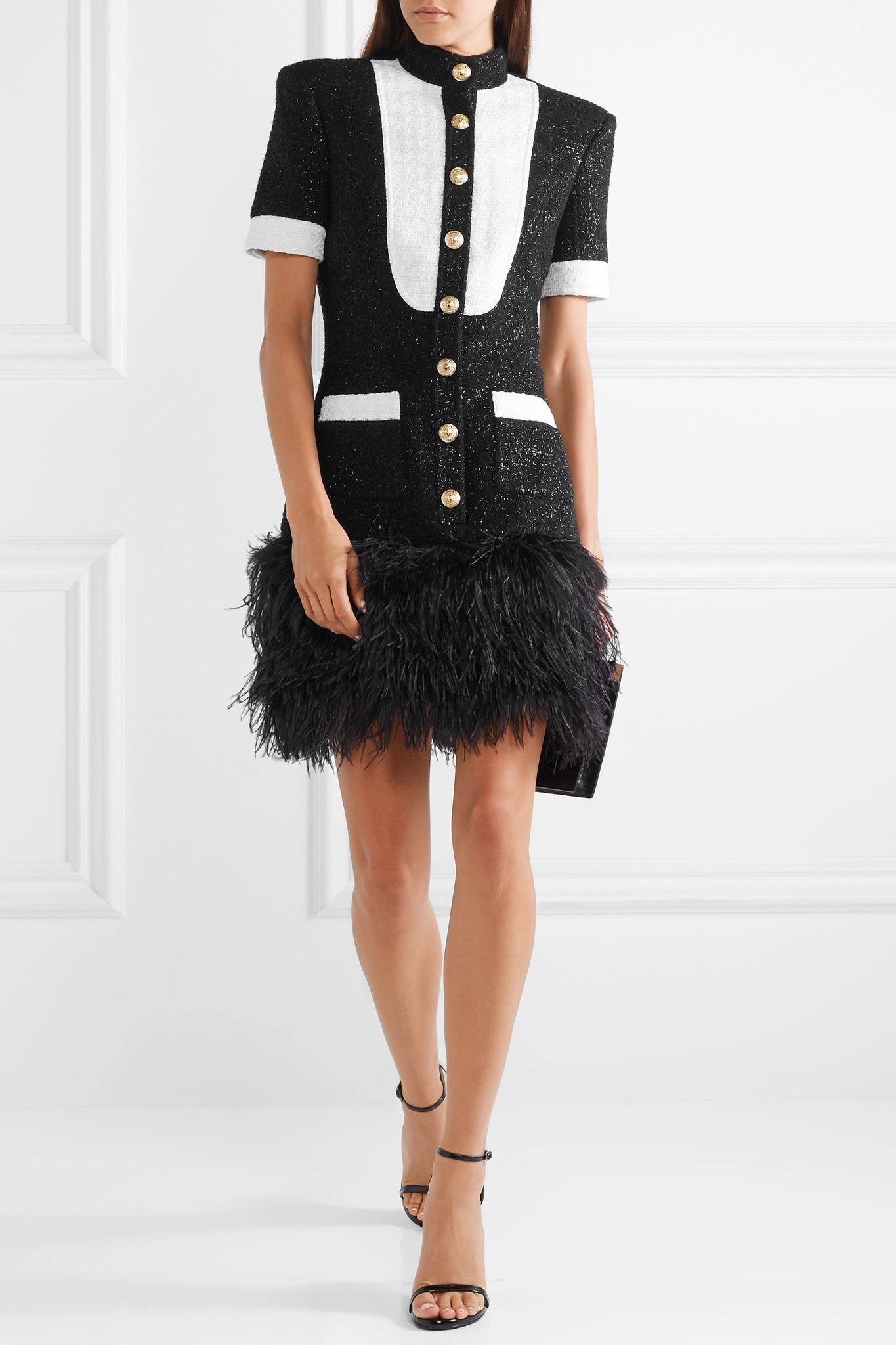 Balmain Metallic Tweed Dress With Ostrich Feathers in Black - Lyst