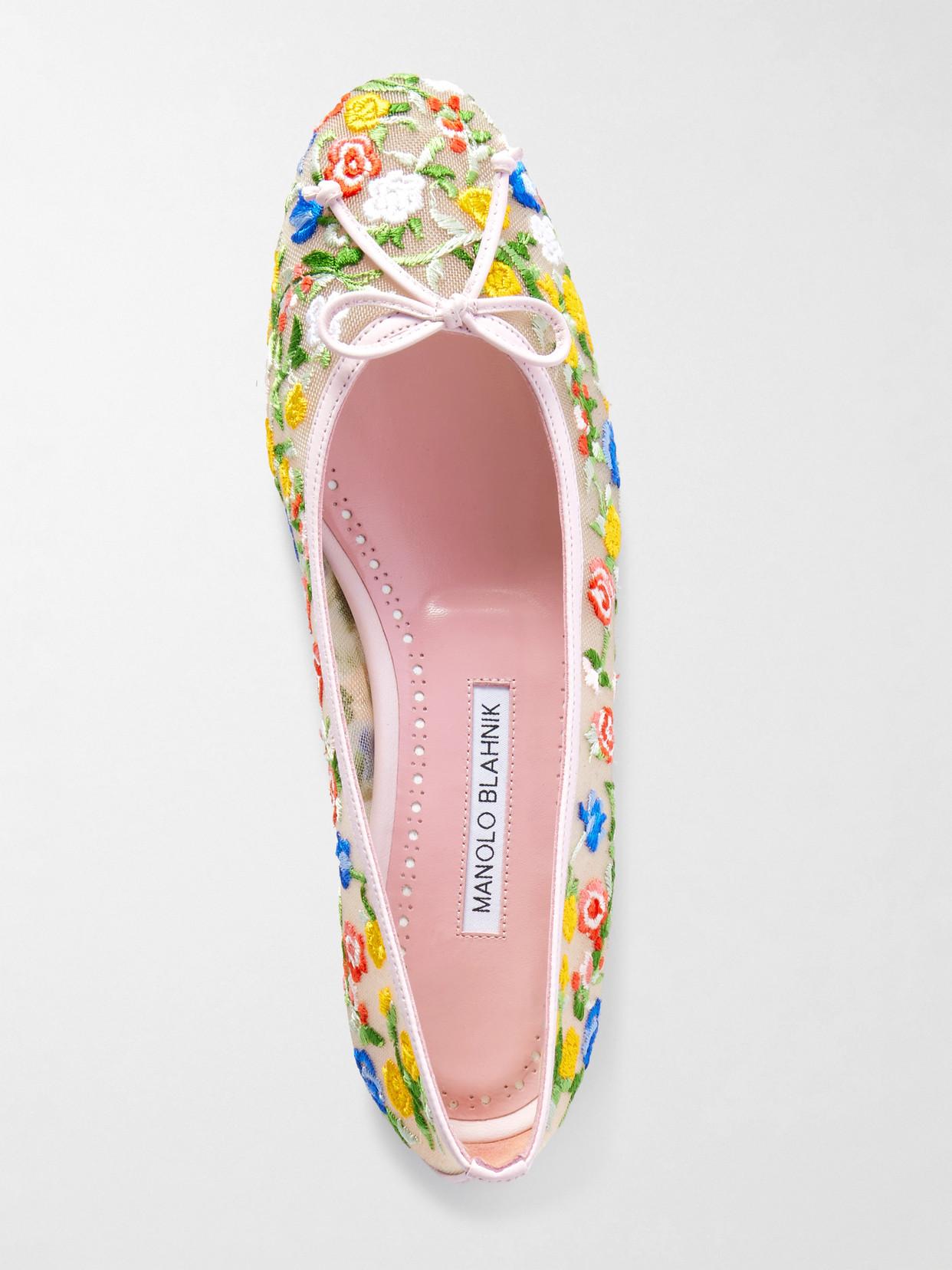 Manolo Blahnik Verdino Embroidered Mesh Ballet Flats in