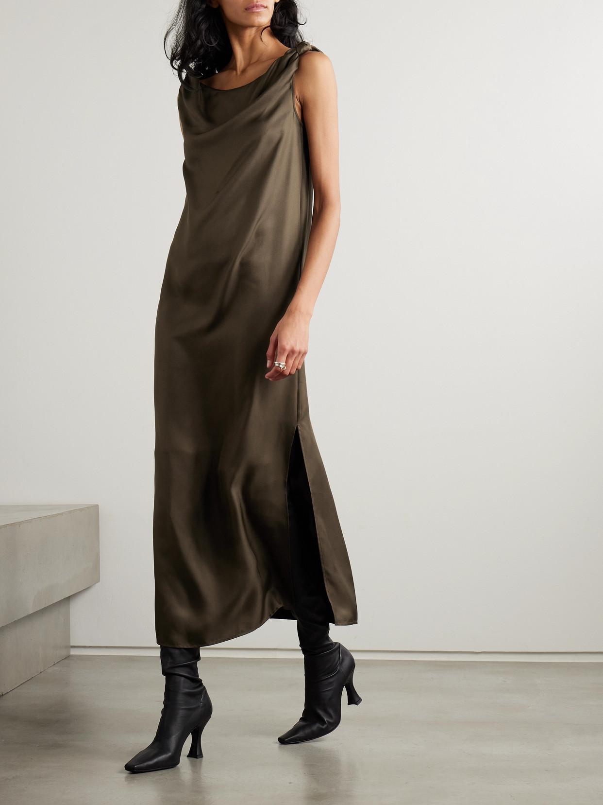 loulou de saison moun draped silk dress Loulou de Saison Moun Knotted Silk-Twill Midi Dress in Natural