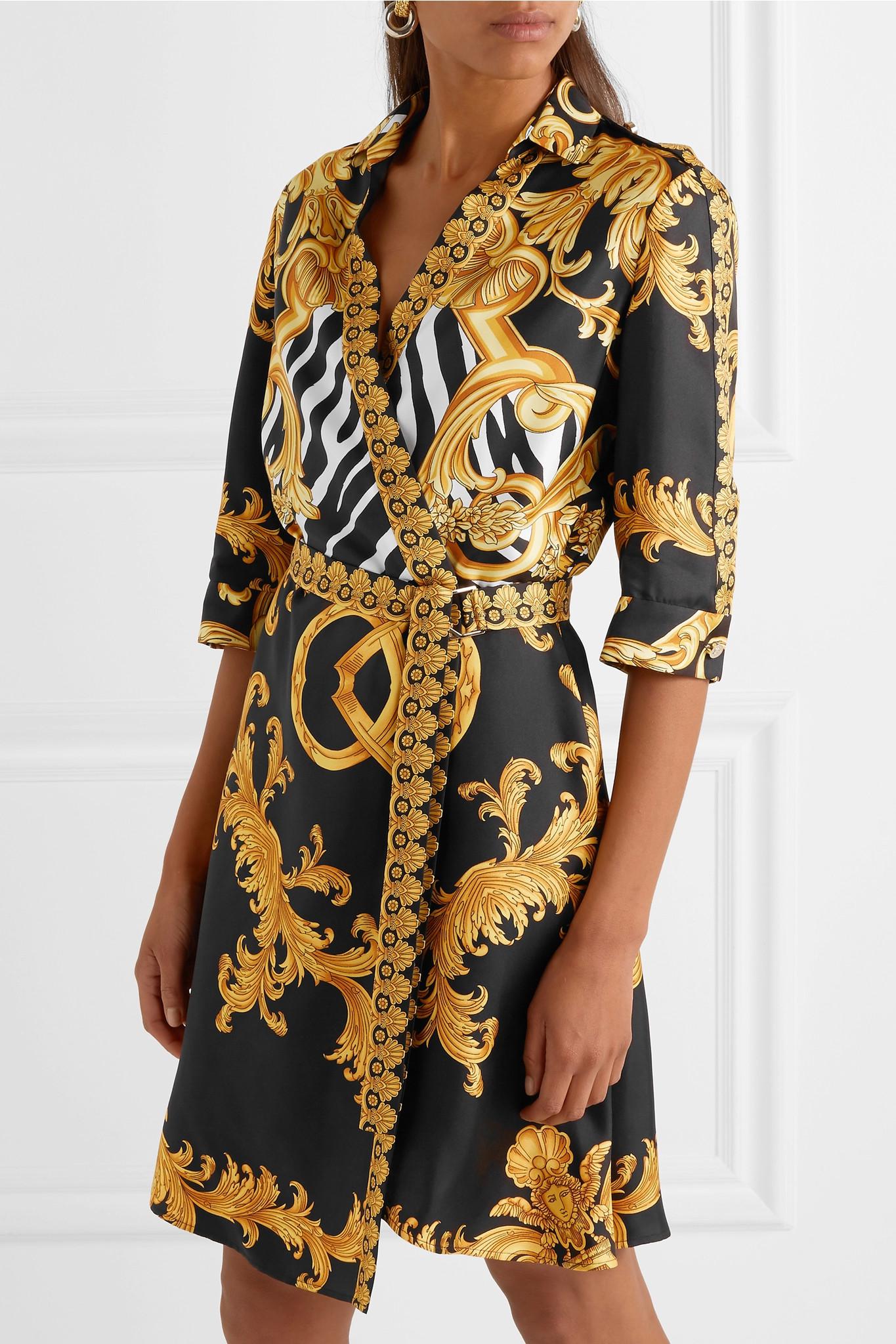 Versace Wrap-effect Printed Silk-twill Mini Dress in Gold (Metallic) - Lyst