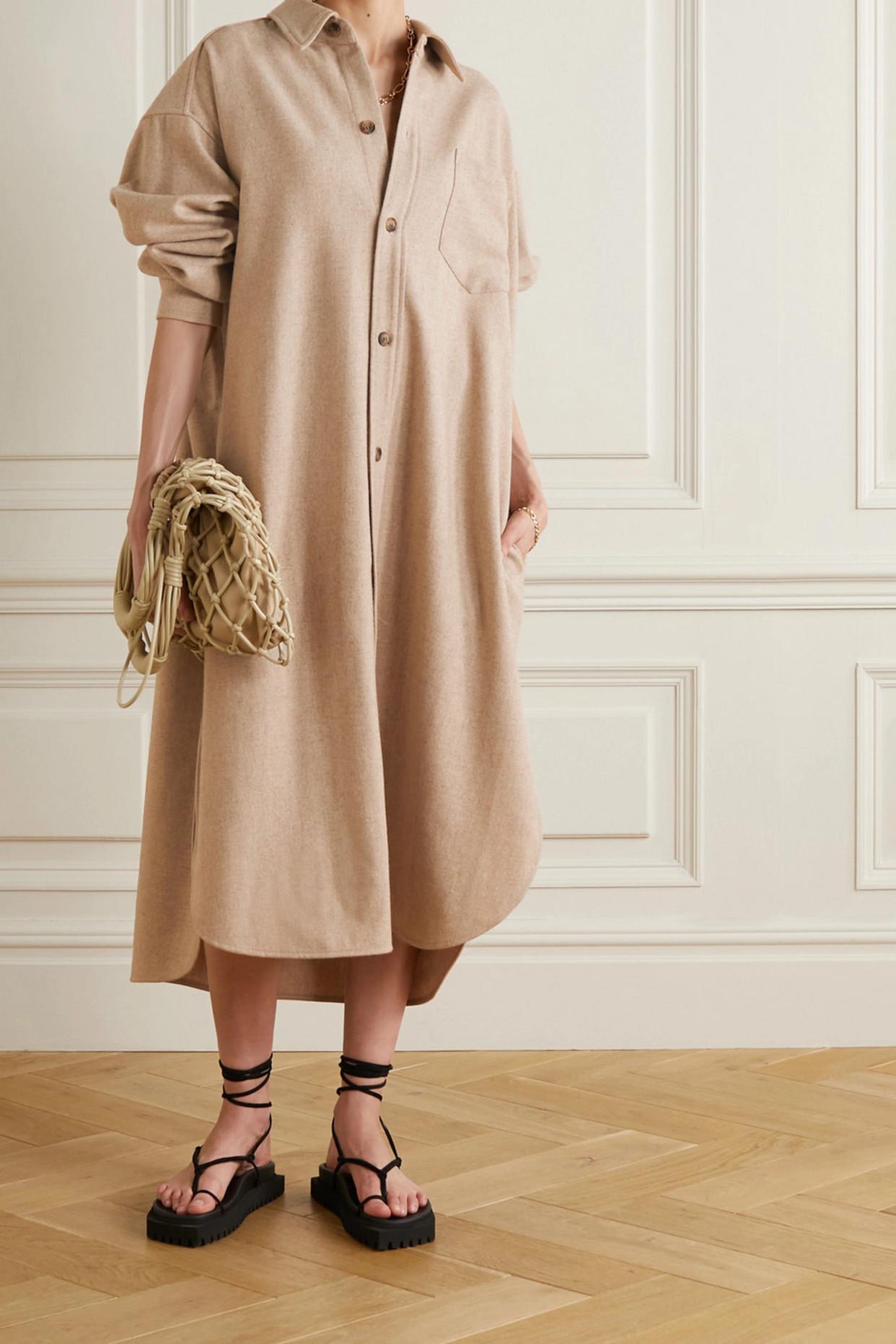 Frankie Shop Mélange Wool-blend Felt Midi Shirt Dress in Natural | Lyst