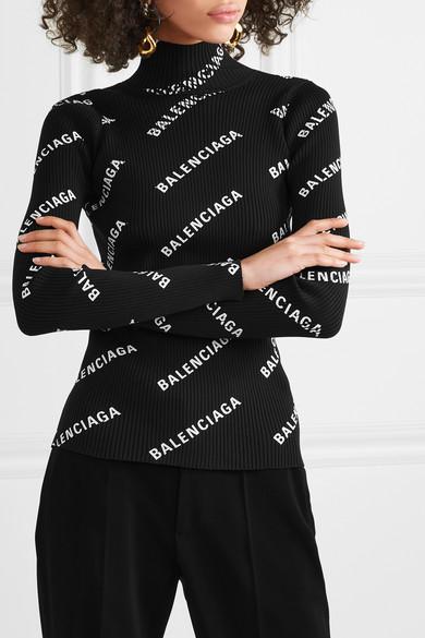 Balenciaga Open-back Printed Ribbed-knit Turtleneck Top in Black | Lyst