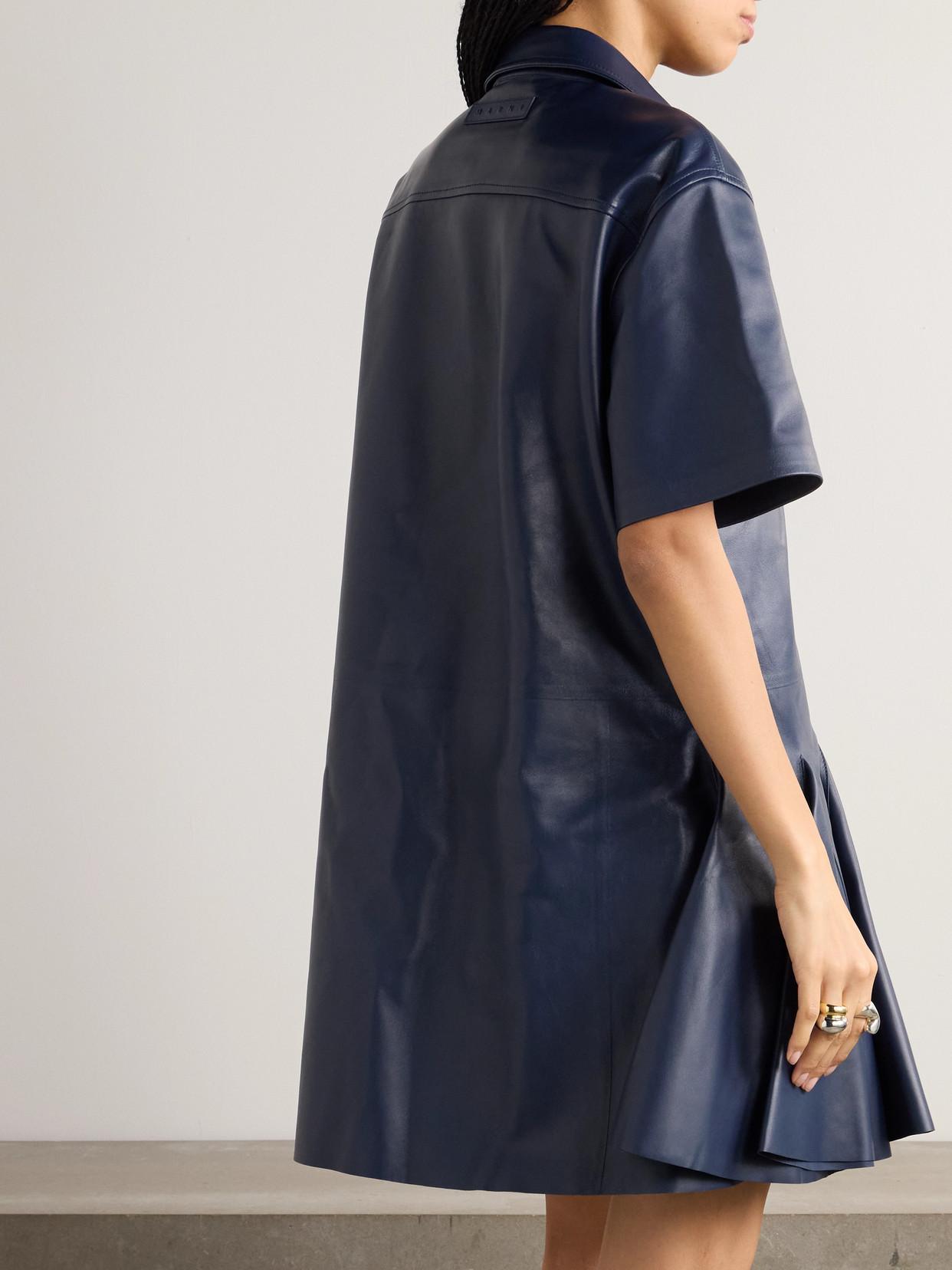 Marni Pleated Leather Mini Shirt Dress in Blue | Lyst