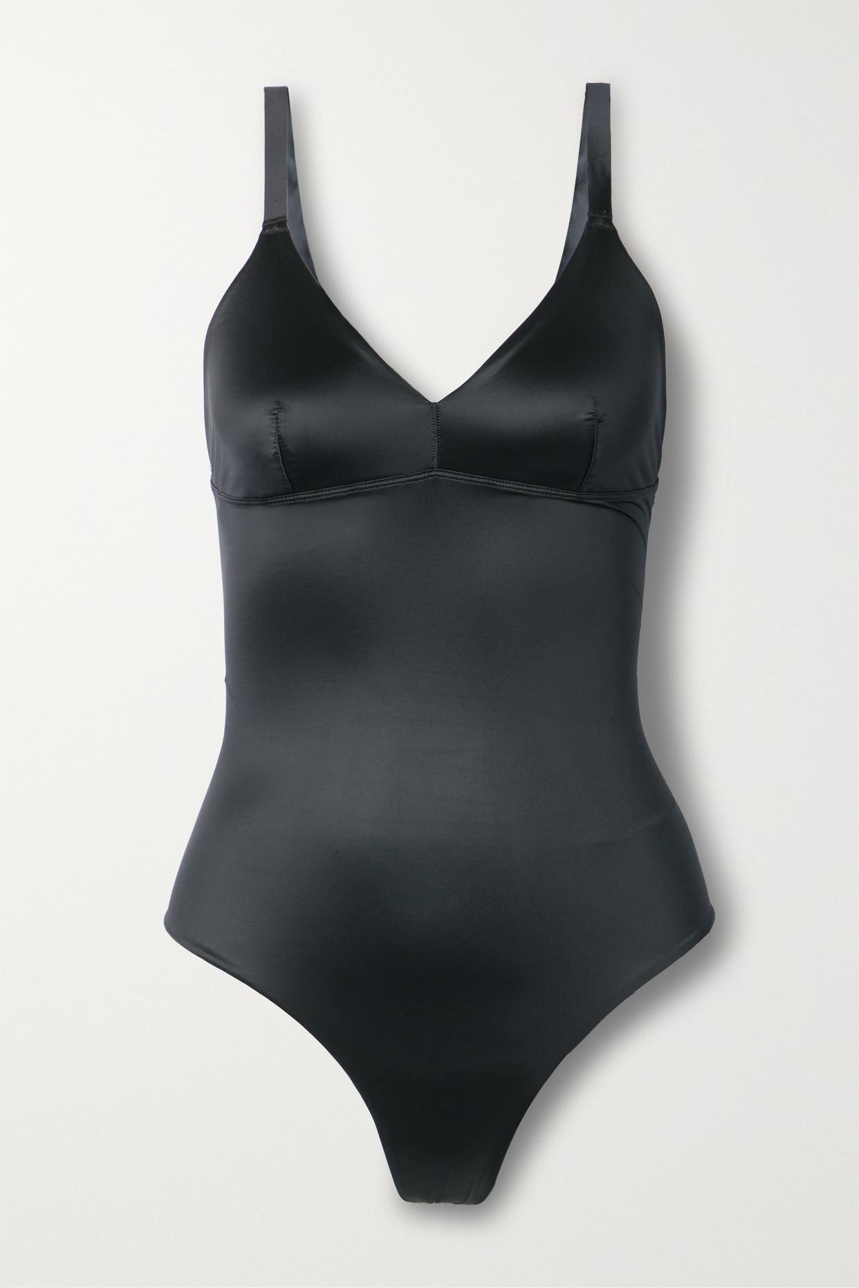 Spanx Shaping Stretch satin Thong Bodysuit In Black Lyst spanx-shaping-stretch-satin-thong-bodysuit-in-black-lyst