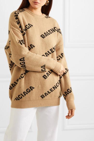 Balenciaga Logo Intarsia Wool-blend Knit Crewneck Sweater in Beige  (Natural) - Save 67% | Lyst