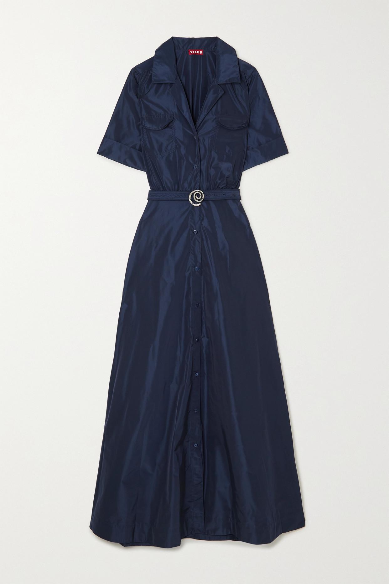 STAUD Millie Embellished Belted Taffeta Maxi Shirt Dress in Blue | Lyst