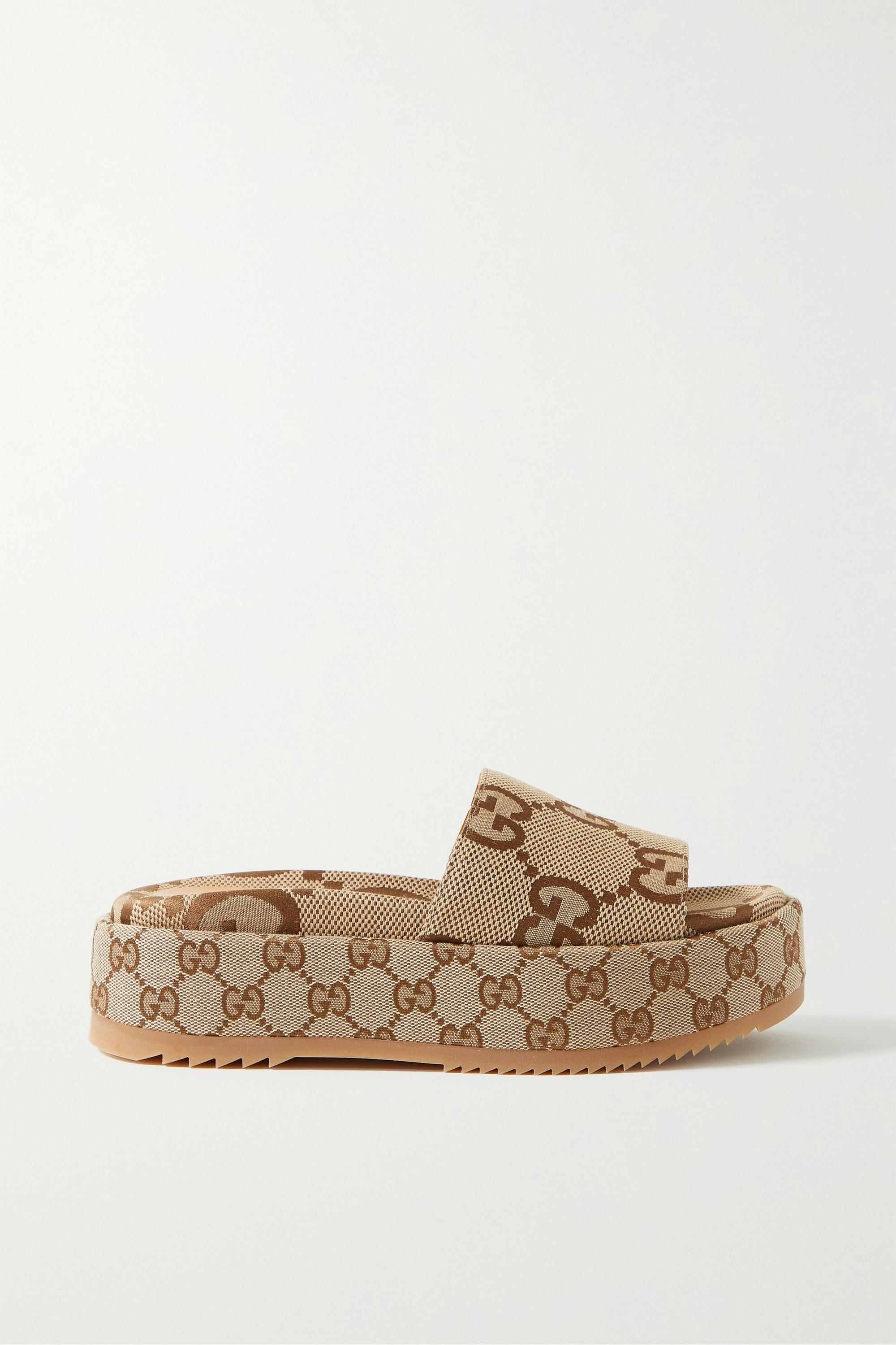 Gucci Angelina Logojacquard Coatedcanvas Platform Slides in Natural