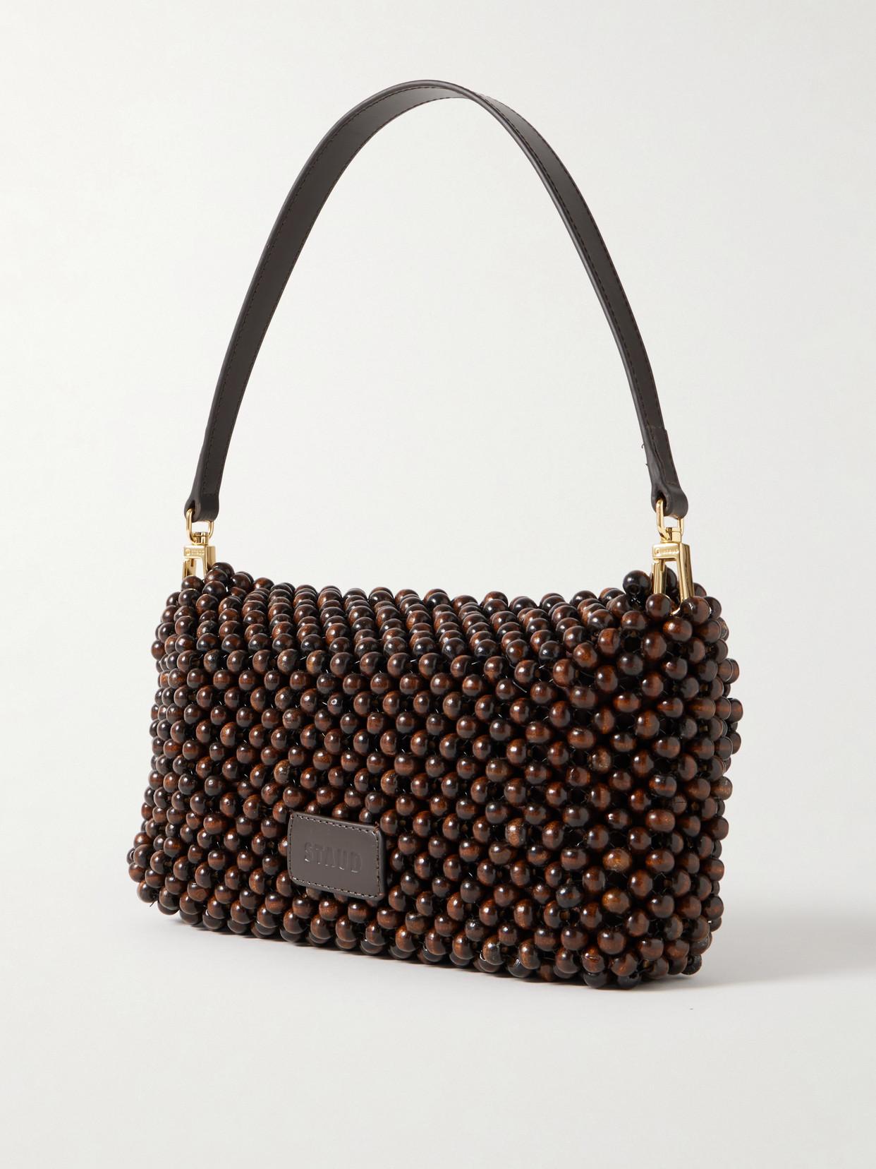 STAUD Timmy Leather-Trimmed Beaded Mesh Shoulder Bag in Black | Lyst