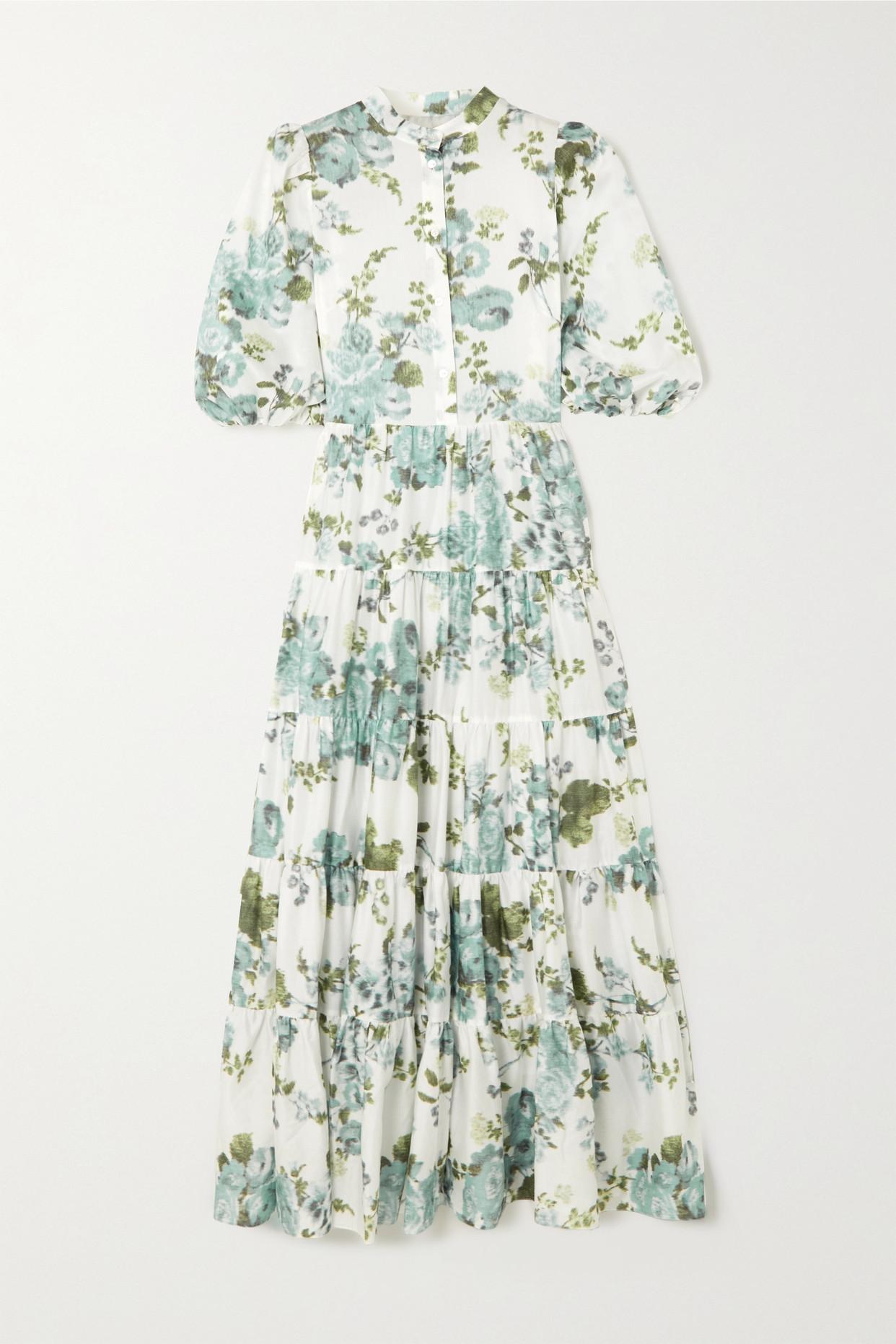 Erdem Dalia Tiered Floral print Cotton poplin Midi Dress in Blue