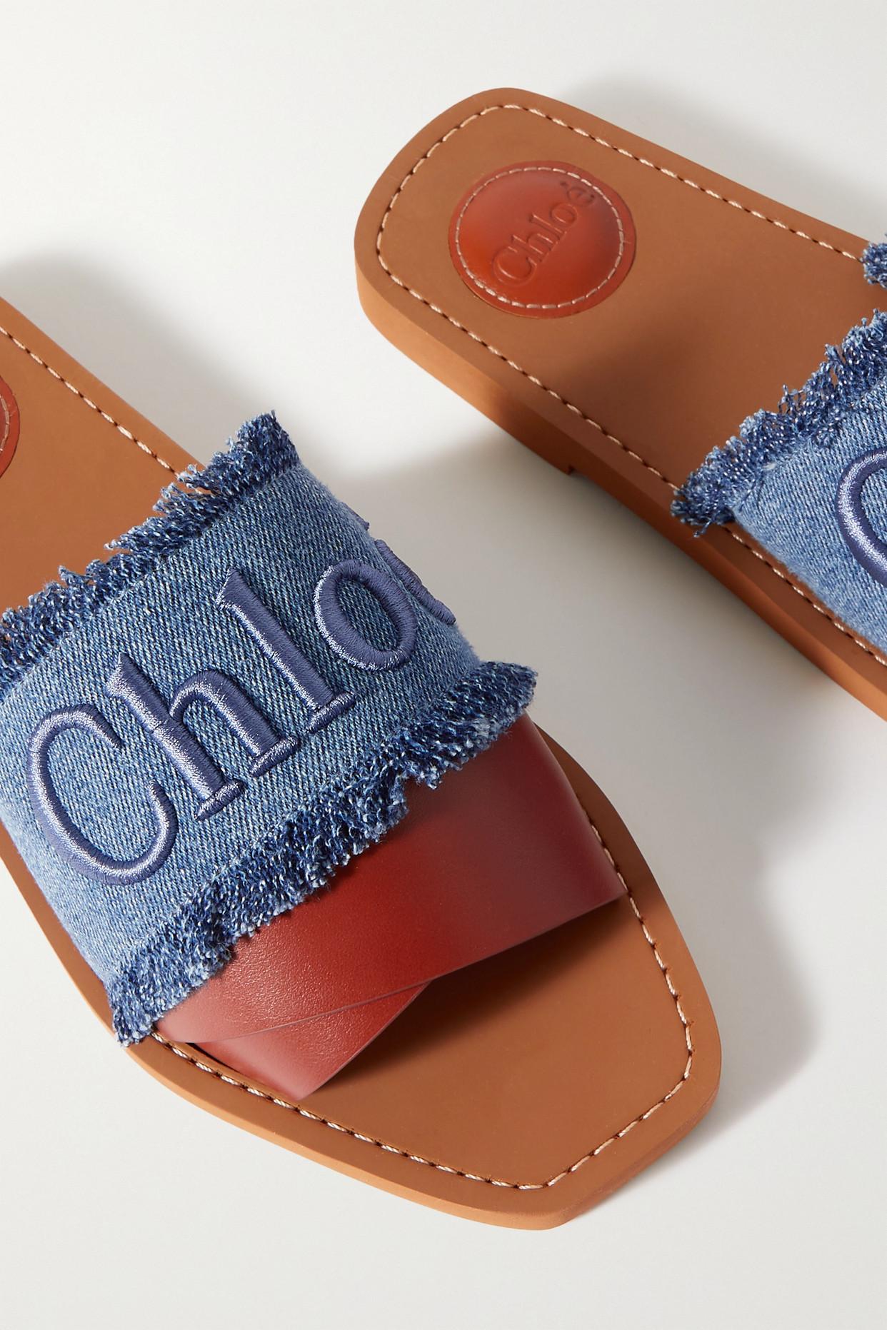 Chloé Woody Frayed Logo-embroidered Denim And Leather Slides in Blue | Lyst