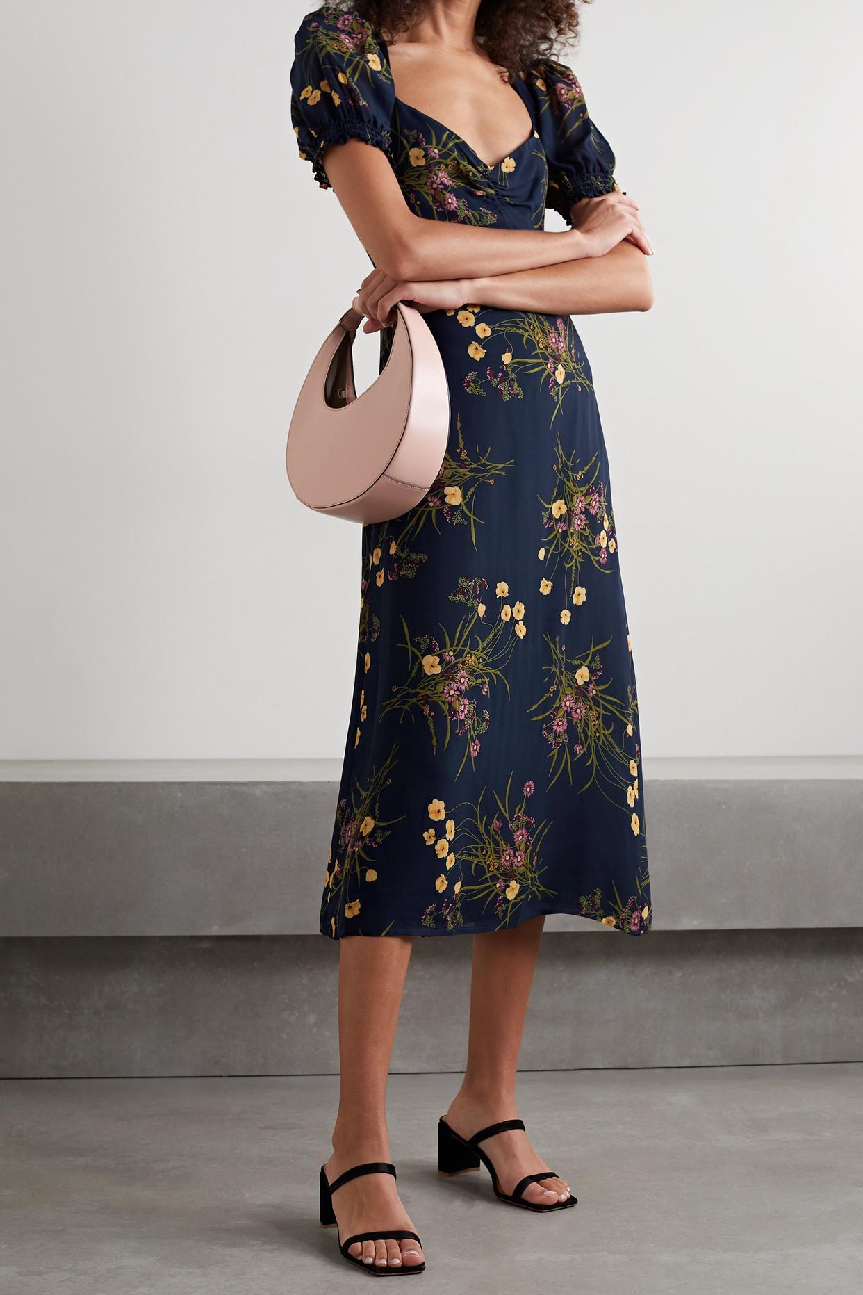 Reformation Luciana Lace up Floral print Crepe Midi Dress in Blue