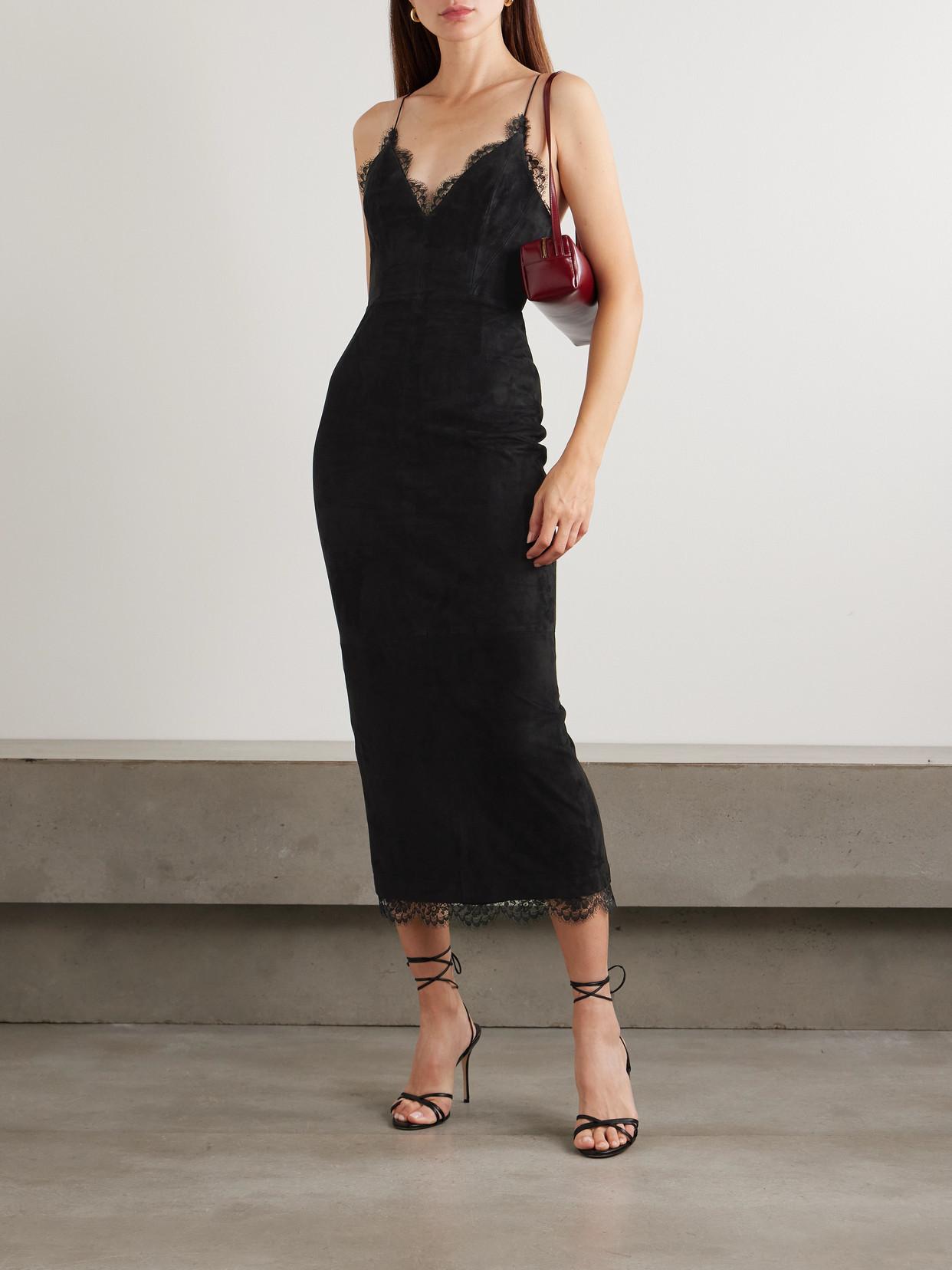 Alex Perry Lace-Trimmed Suede Midi Dress in Black | Lyst