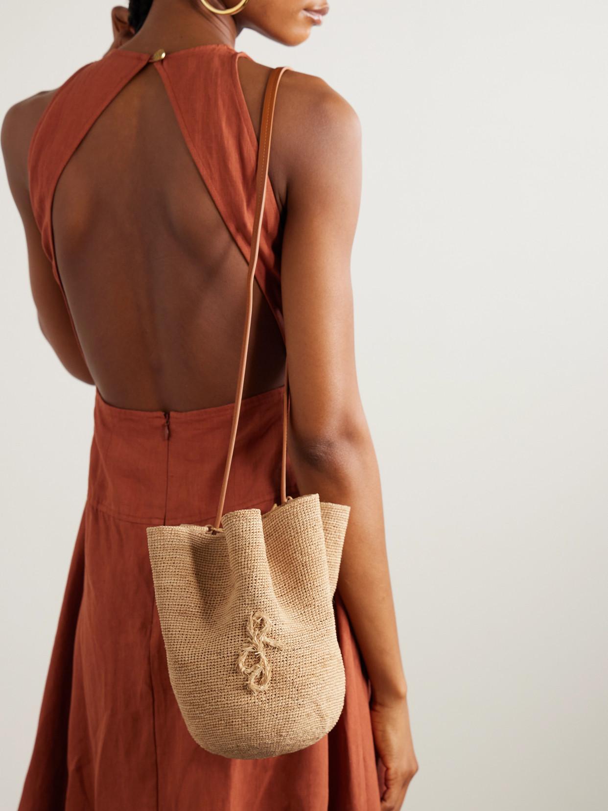 Ruslan Baginskiy The Hatbag Leather-Trimmed Raffia Bucket Bag in 