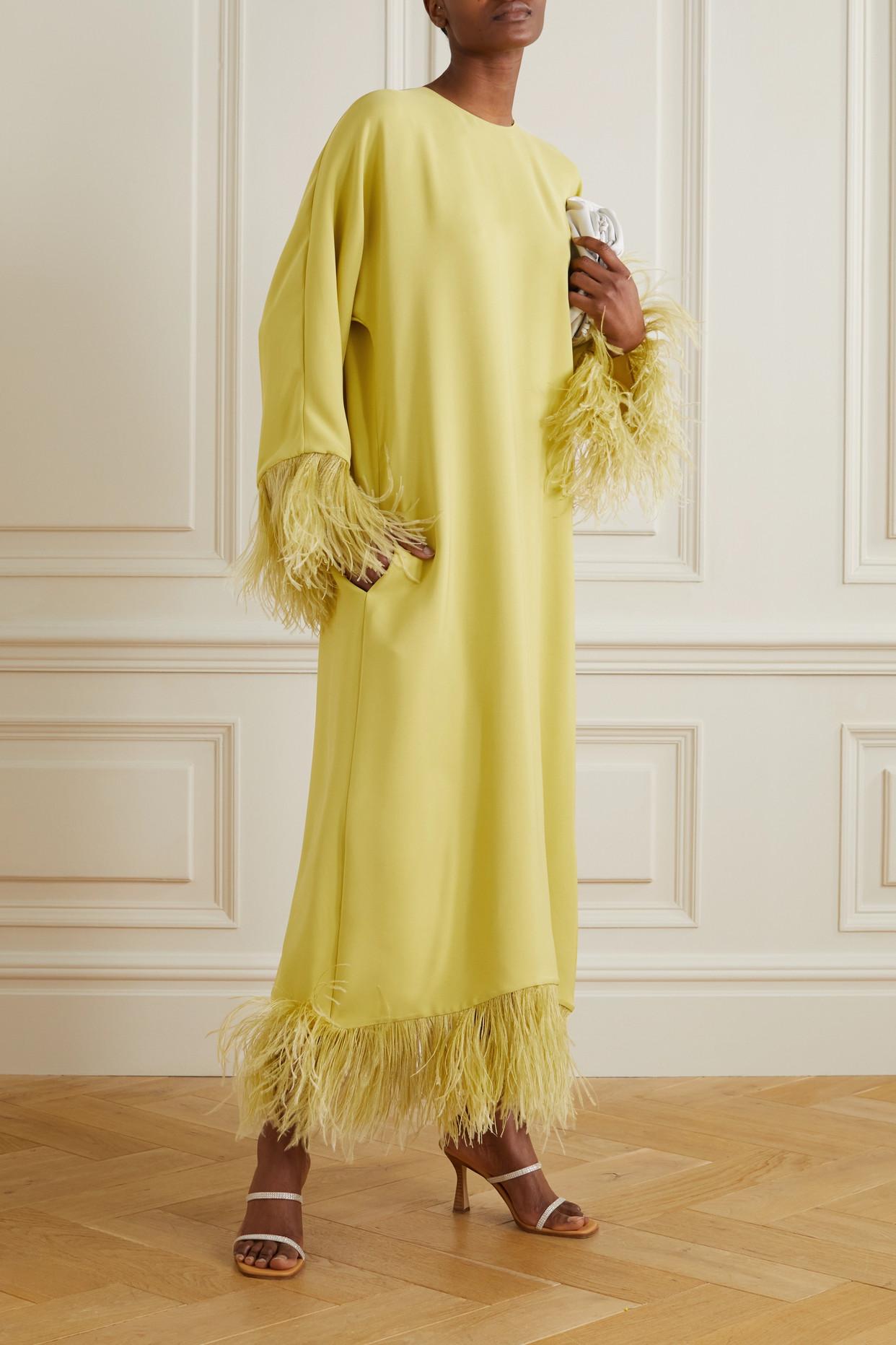 Valentino Feather-trimmed Silk-crepe Maxi Dress in Green | Lyst